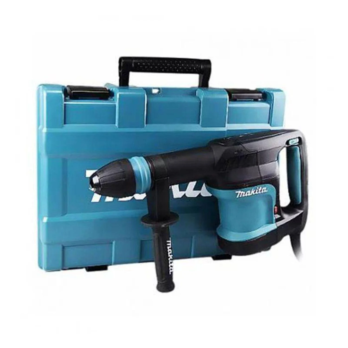 Un martillo perforador y estuche Makita verde azulado. El taladro es negro y verde azulado con un mango.