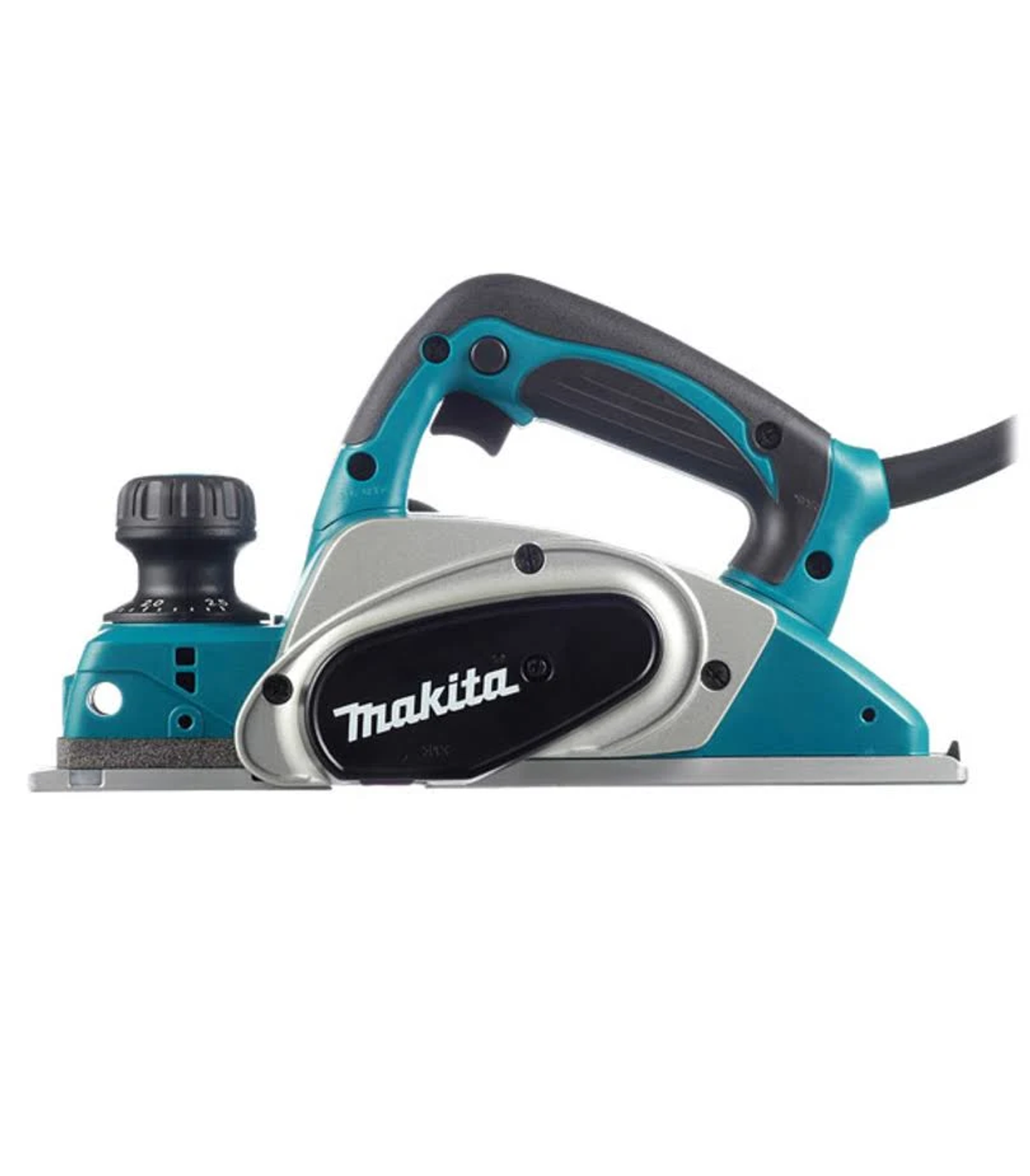 Una cepilladora manual eléctrica Makita, turquesa y plateada, con un mango negro y el logo Makita.