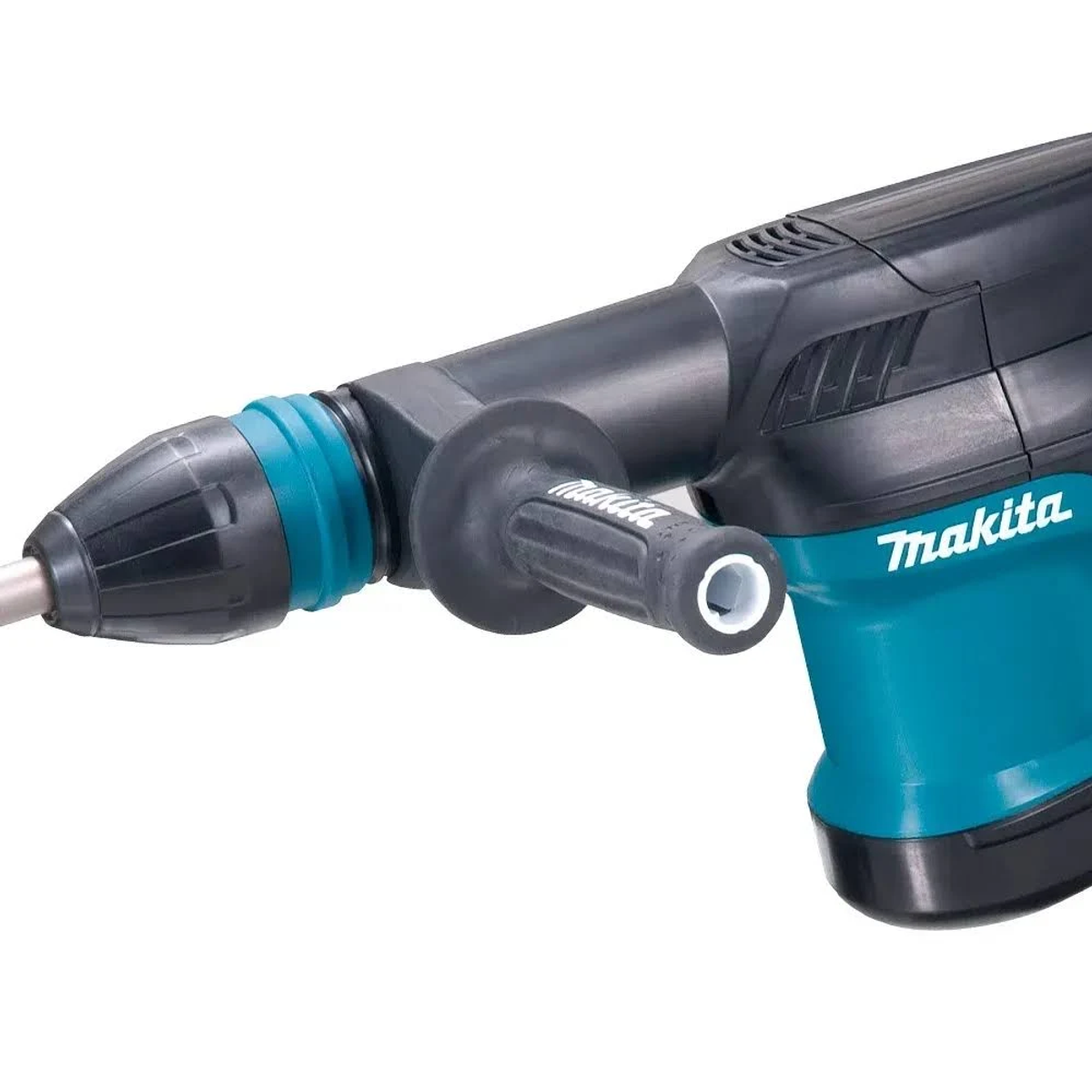 Primer plano de un martillo demolidor Makita. Detalles turquesa y mango visibles.
