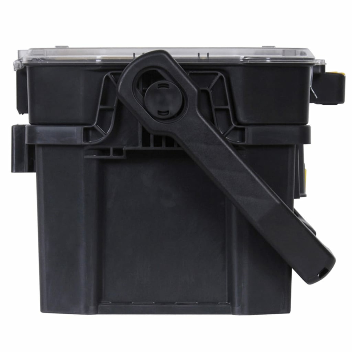 Caja de herramientas negra con tapa transparente y asa de transporte.