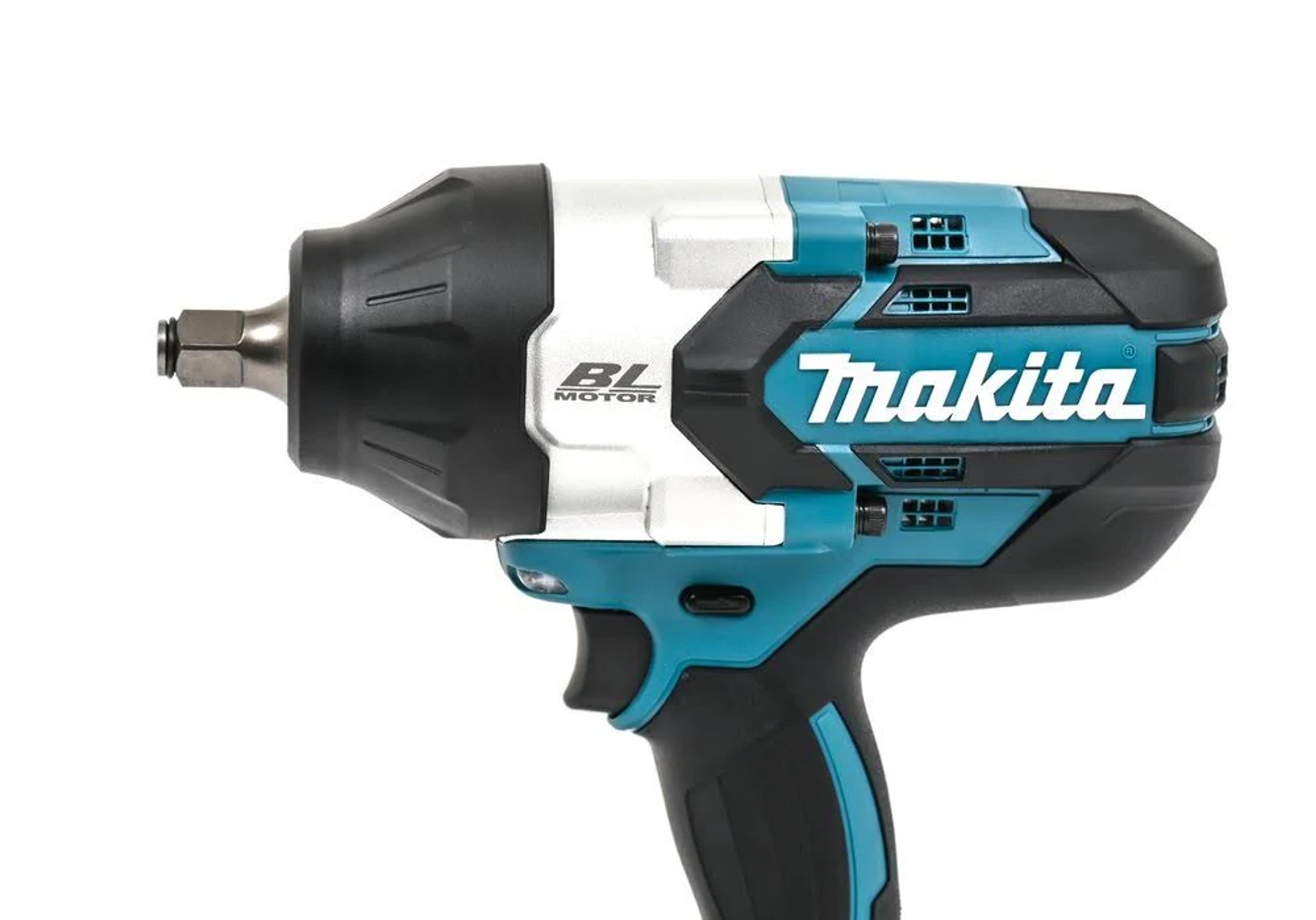 Elettroutensile Makita, turchese e argento, con manico nero. L'utensile è su sfondo bianco.