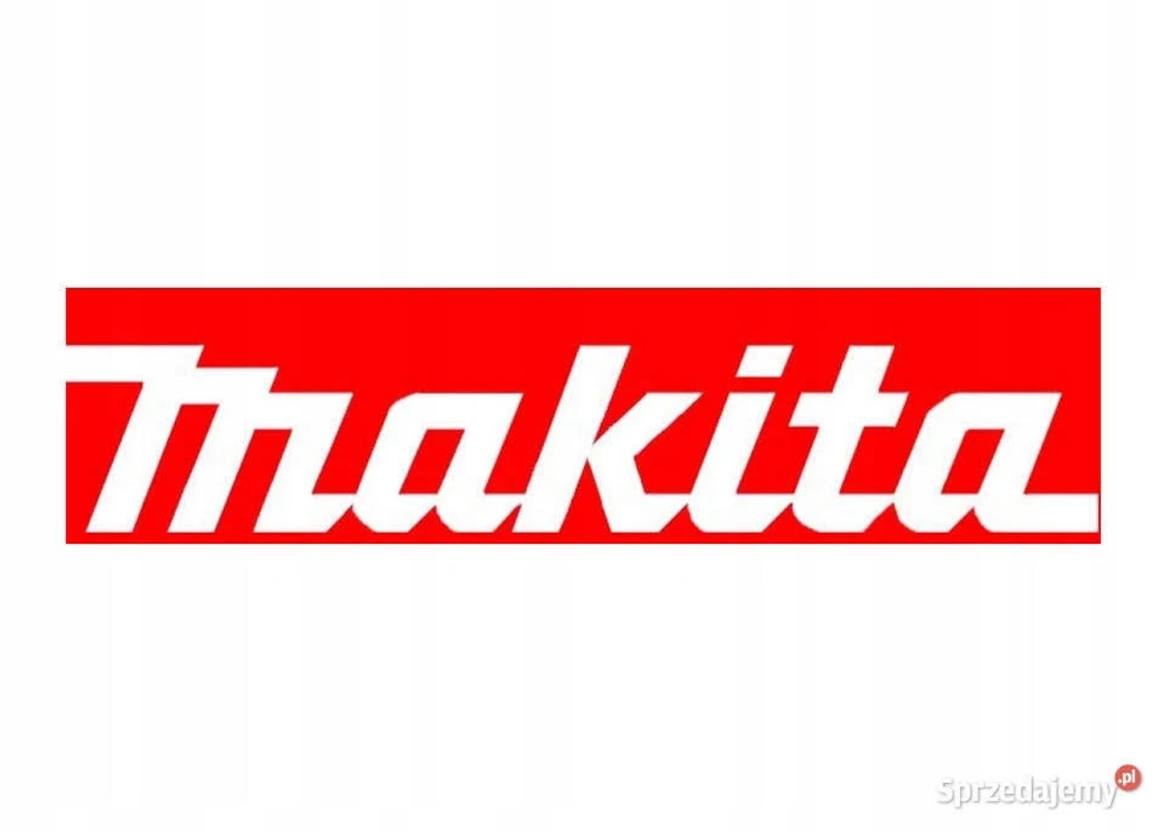 Logo Makita, czerwony prostokąt z białym tekstem, na białym tle.