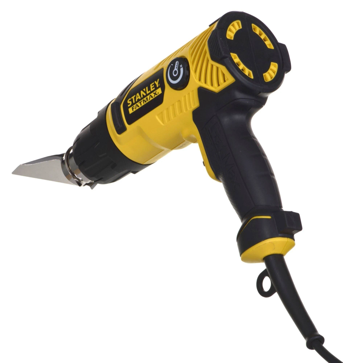 Pistola termica gialla Stanley Fatmax, manico nero, sfondo bianco. La pistola è inclinata a sinistra.