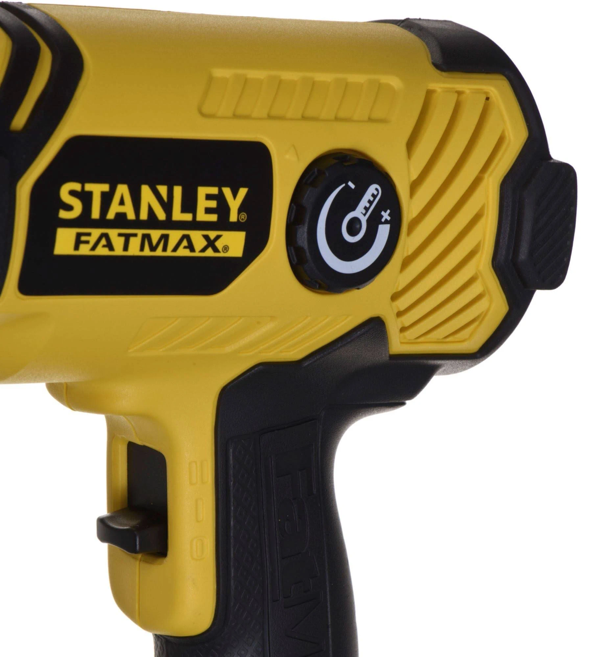 Una pistola termica Stanley Fatmax gialla e nera. Ha un quadrante della temperatura e un grilletto laterale.