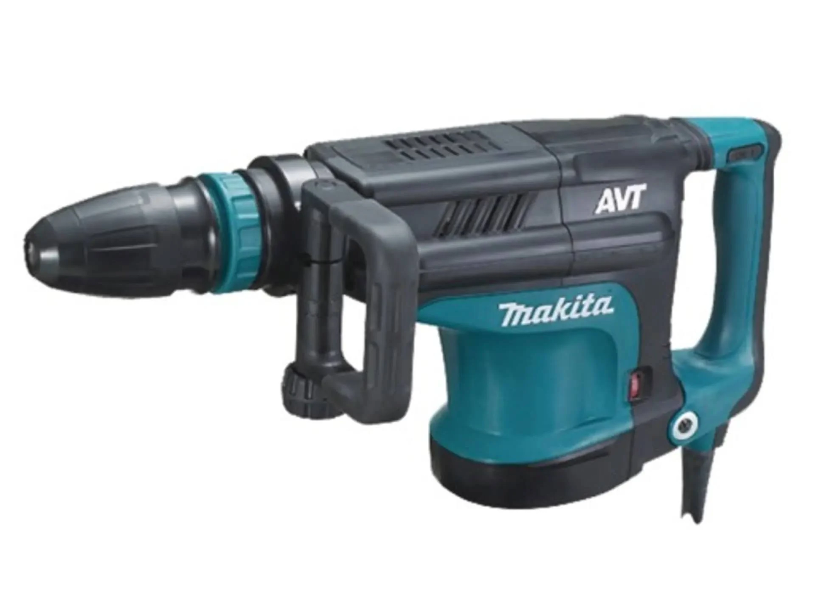 Wiertarka udarowa Makita, czarna i morska. Rękojeść i uchwyt w kolorze czarnym.