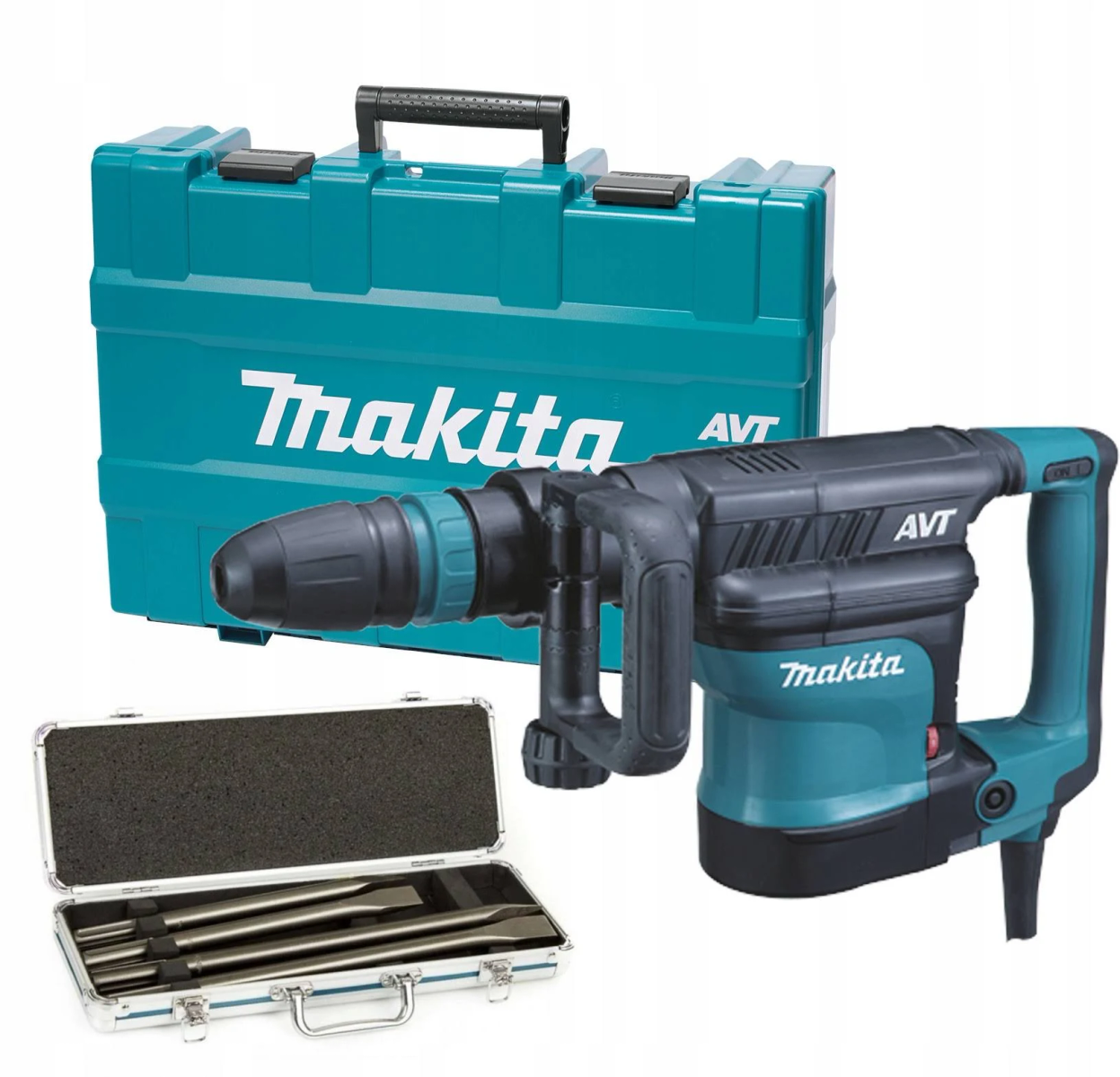 Młot udarowy Makita, turkusowa walizka i wiertła. Wiertarka jest czarna i turkusowa. Walizka jest turkusowa z logo Makita.