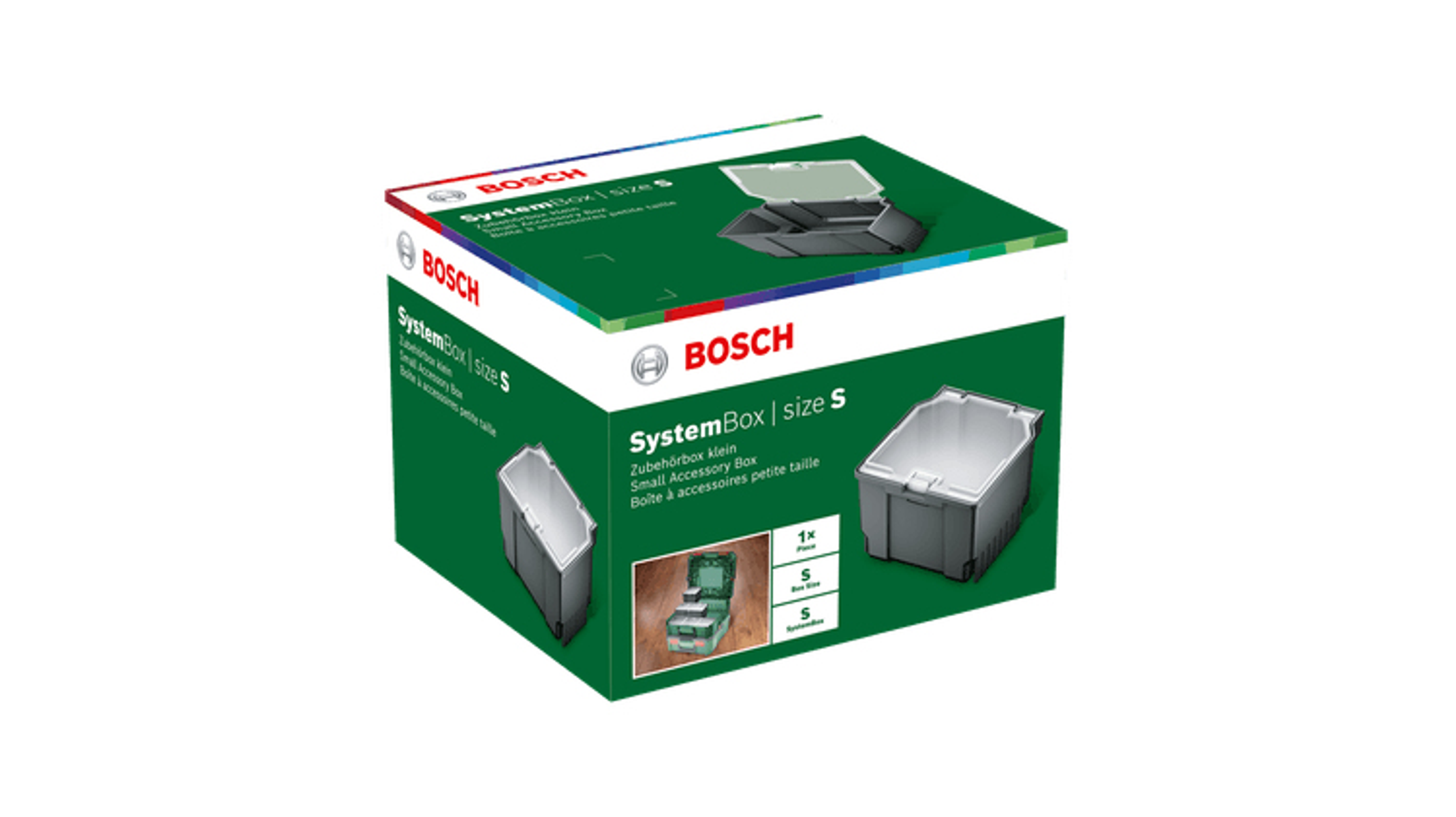 Bosch SystemBox. Caja verde y blanca con imágenes y texto del producto.