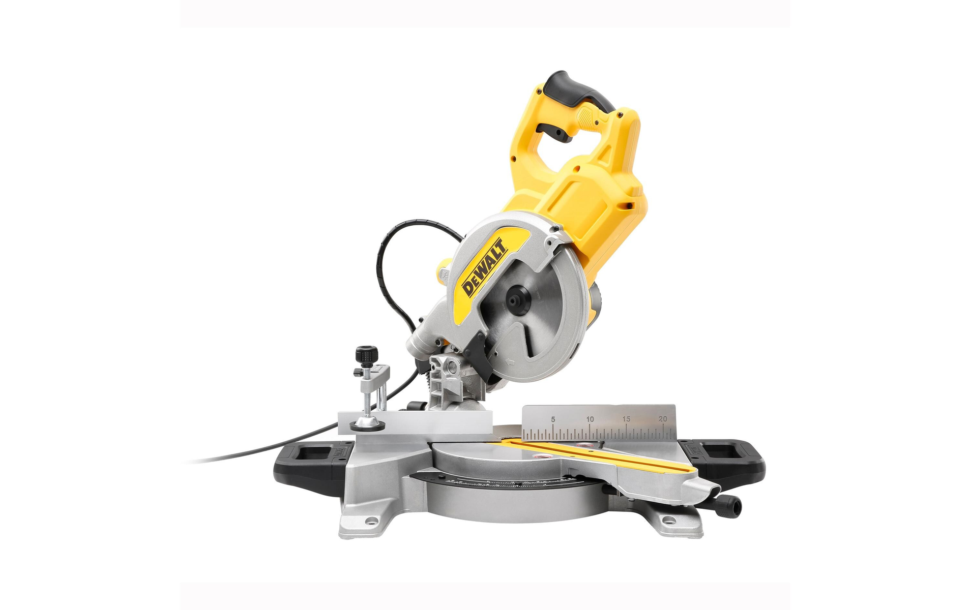 Gele en zilveren DeWalt verstekzaag met een zaagblad en een meetschaal.