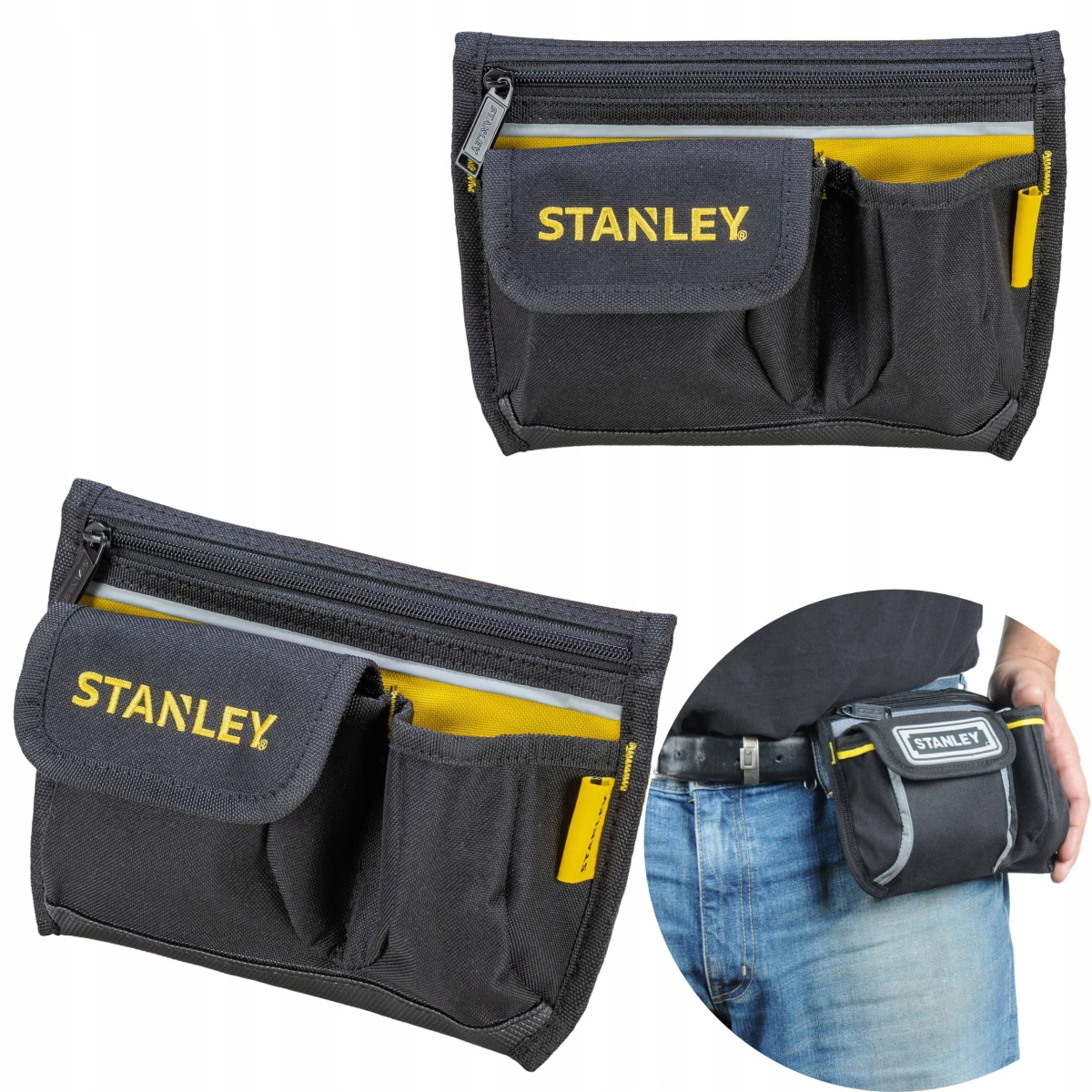 Cinturón de herramientas negro y amarillo con la palabra STANLEY. Tiene varios bolsillos y cremallera.