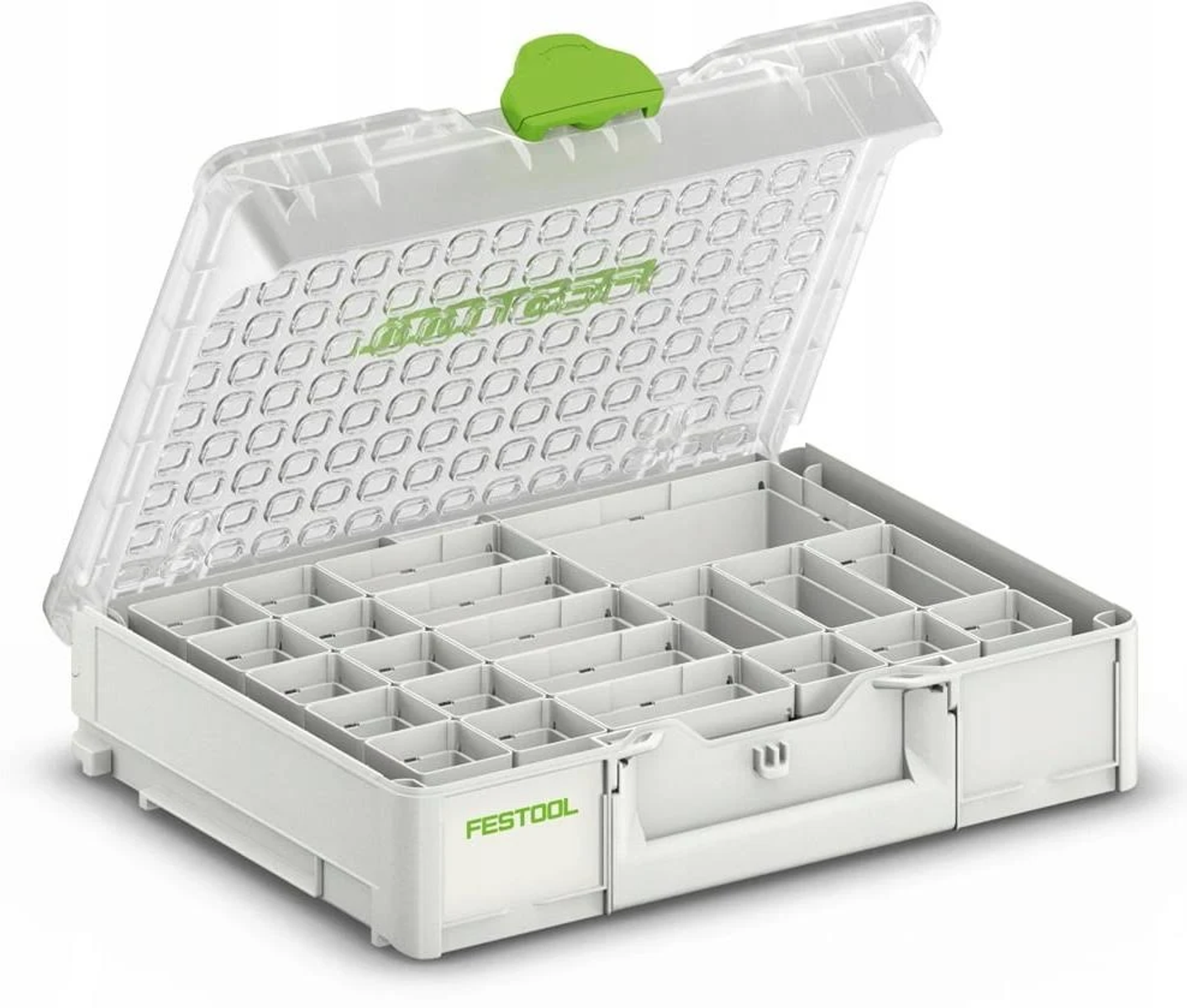 Cassetta degli attrezzi Festool bianca con scomparti. Il coperchio è trasparente e verde, mostrando l'interno.
