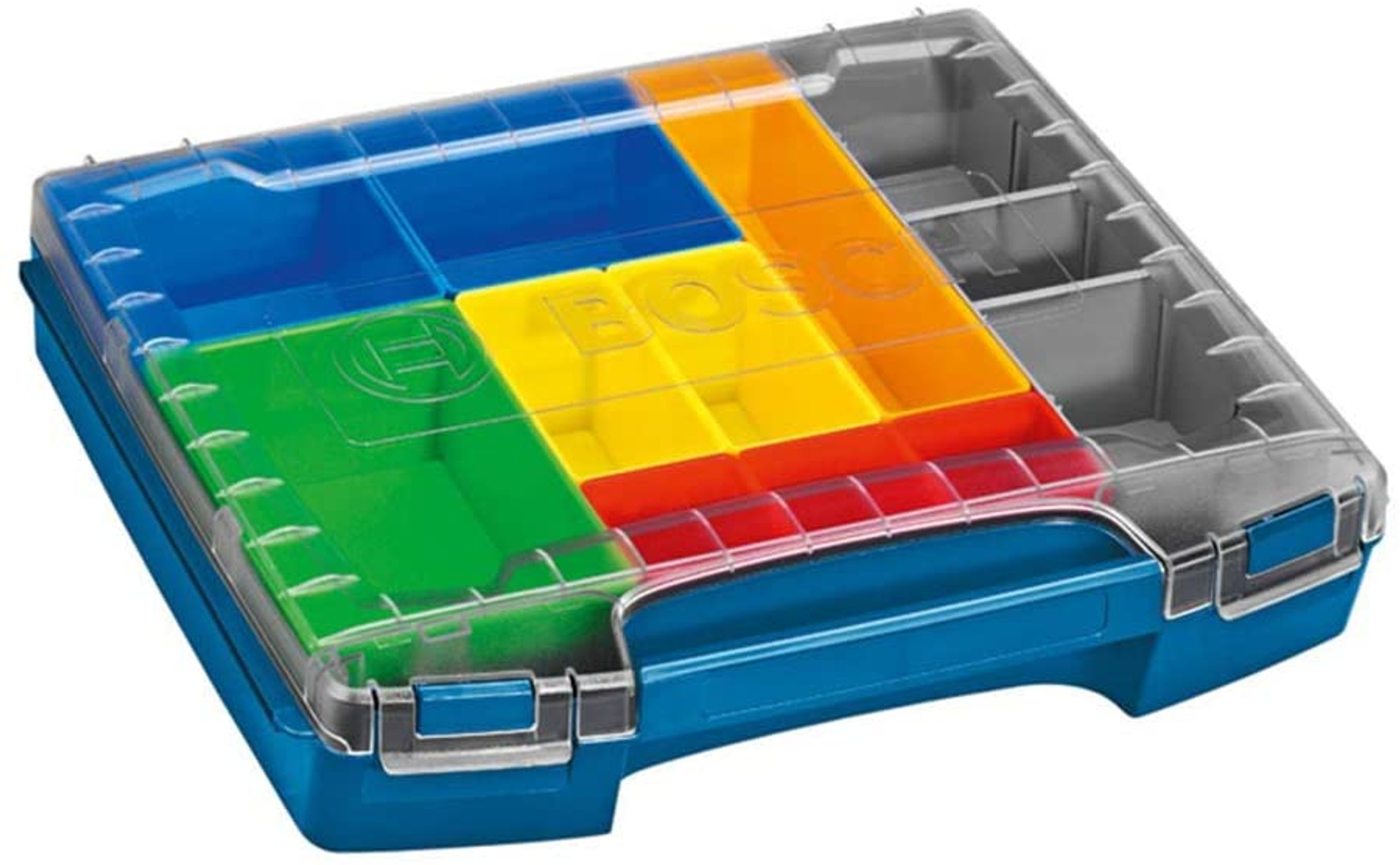 Un organizer Bosch in plastica con scomparti blu, verdi, gialli e rossi, coperchio trasparente.