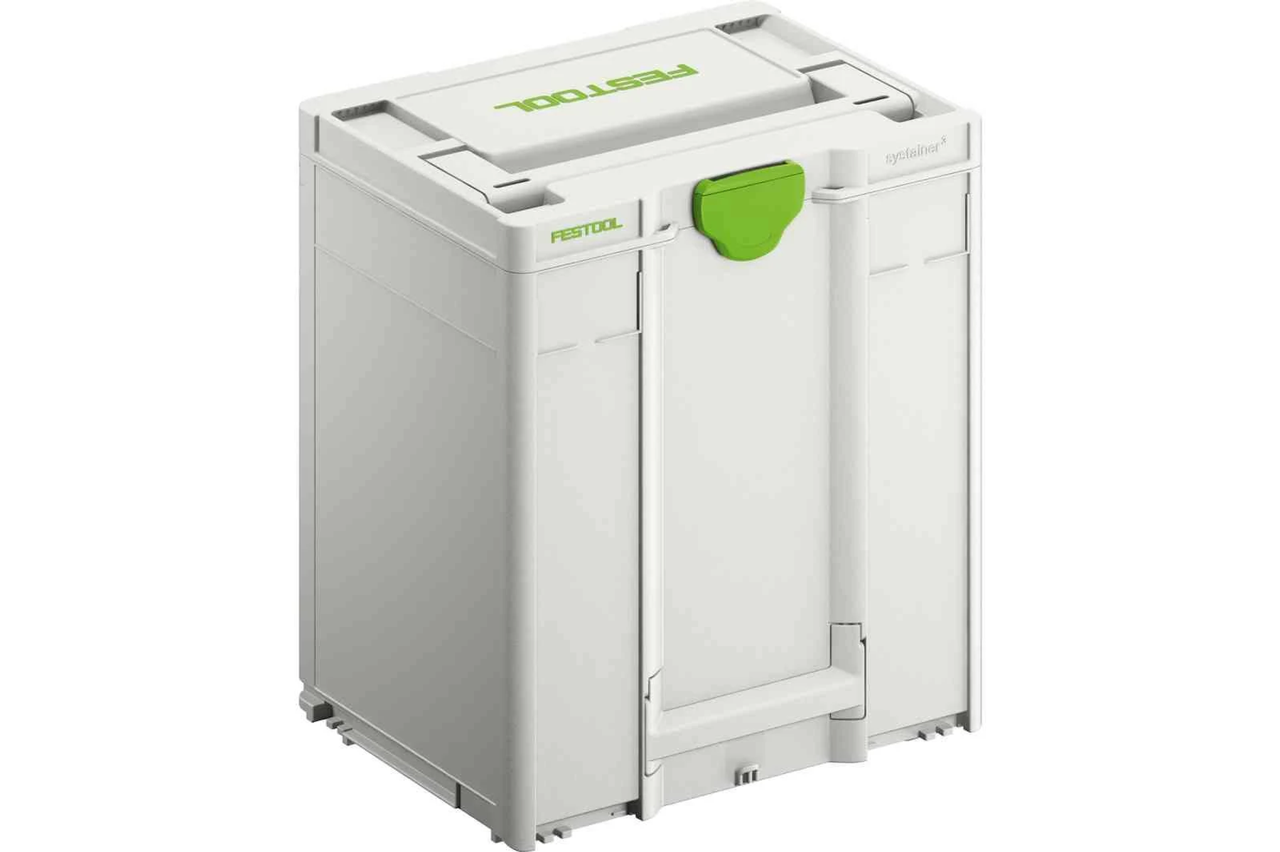 Eine weiße Festool Systainer-Box mit grünen Akzenten. Es ist auf weißem Hintergrund.