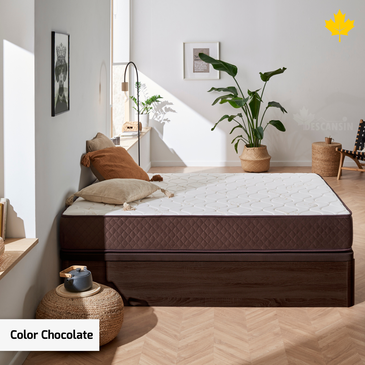 Un colchón en una habitación. El texto dice color chocolate.