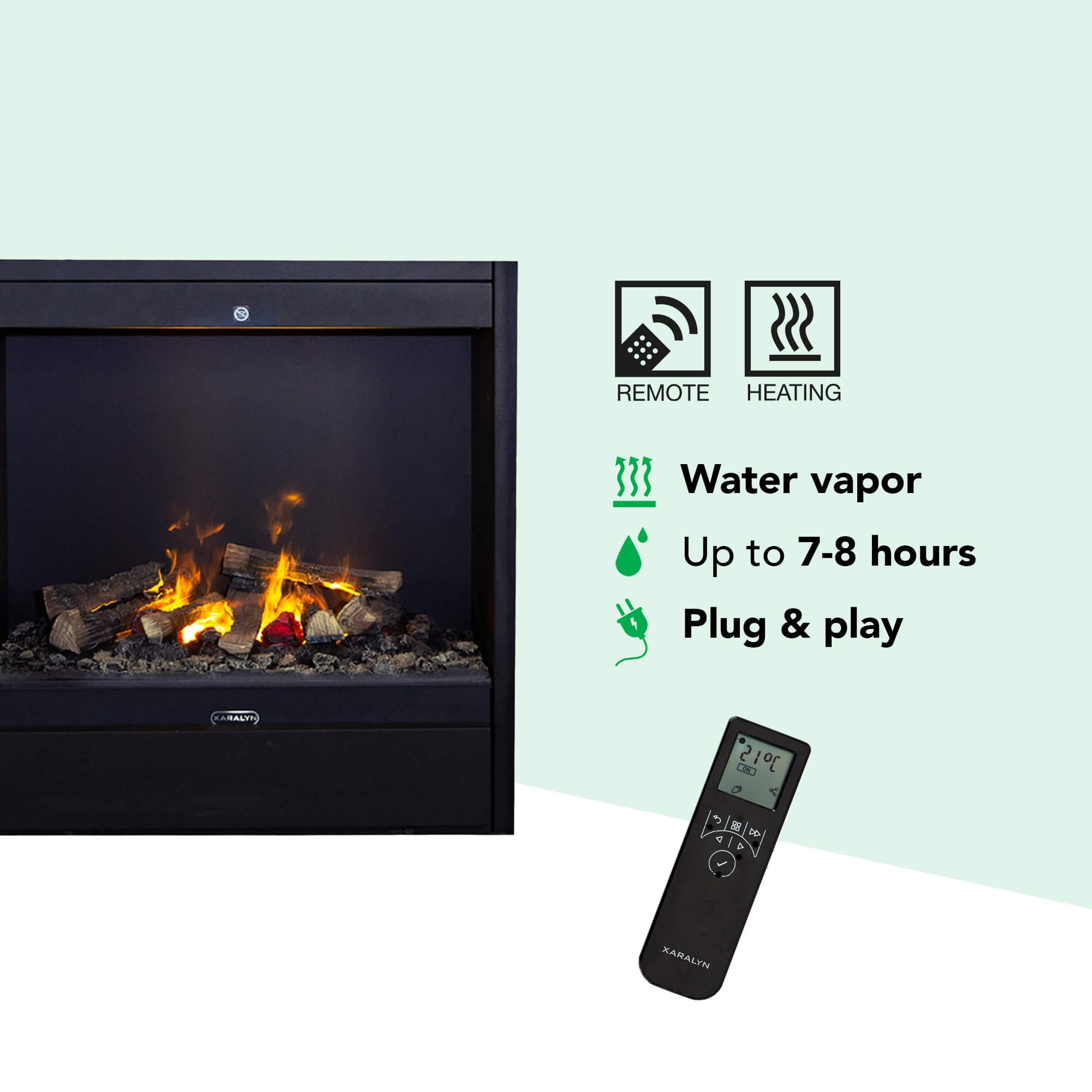 Zwarte open haard met vuur, pictogrammen voor afstandsbediening, verwarming, damp en plug & play.