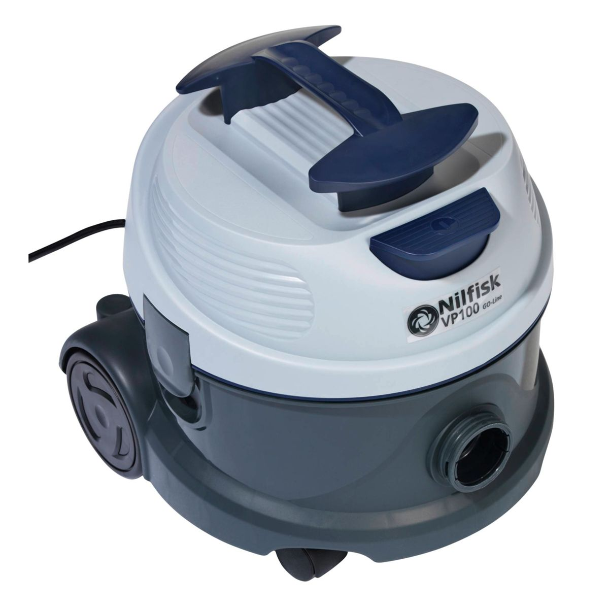 Biało-szary odkurzacz Nilfisk z granatowym uchwytem, ​​izolowany na białym tle.