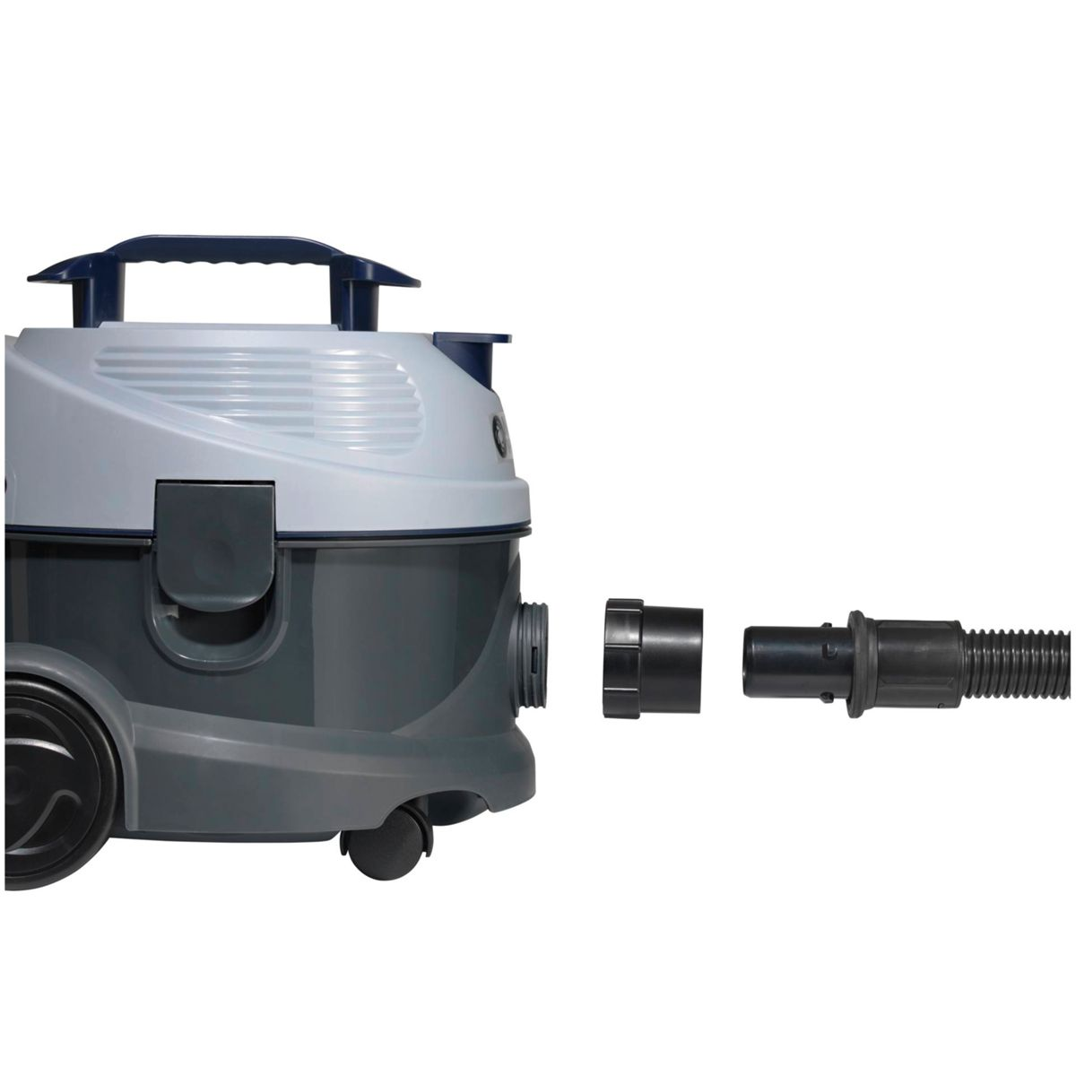 Szary i biały odkurzacz z odłączonym wężem i nasadkami.