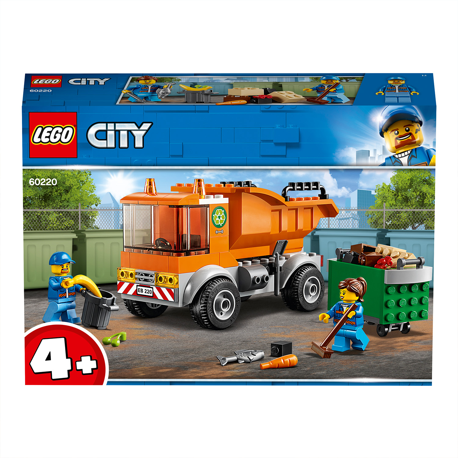 Zestaw Lego City Śmieciarka. Zawiera śmieciarkę, robotników i pojemniki.