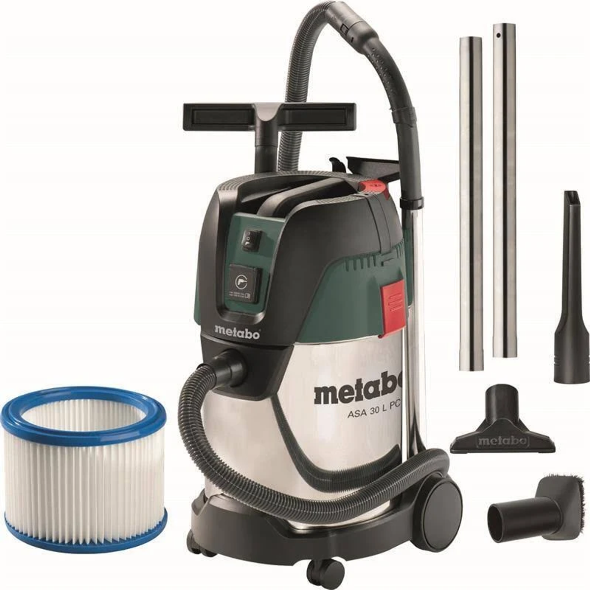 Una aspiradora Metabo para húmedo/seco con accesorios. Es de acero inoxidable y verde.