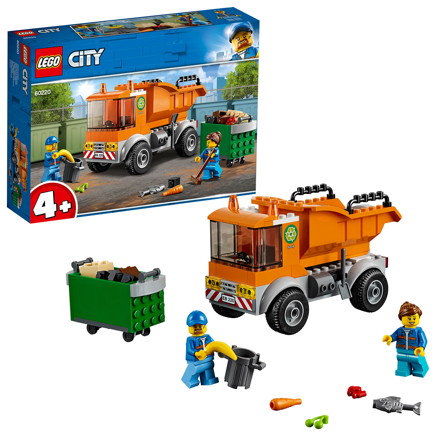Zestaw LEGO City z śmieciarką. Zawiera ciężarówkę, kosz na śmieci i minifigurki.