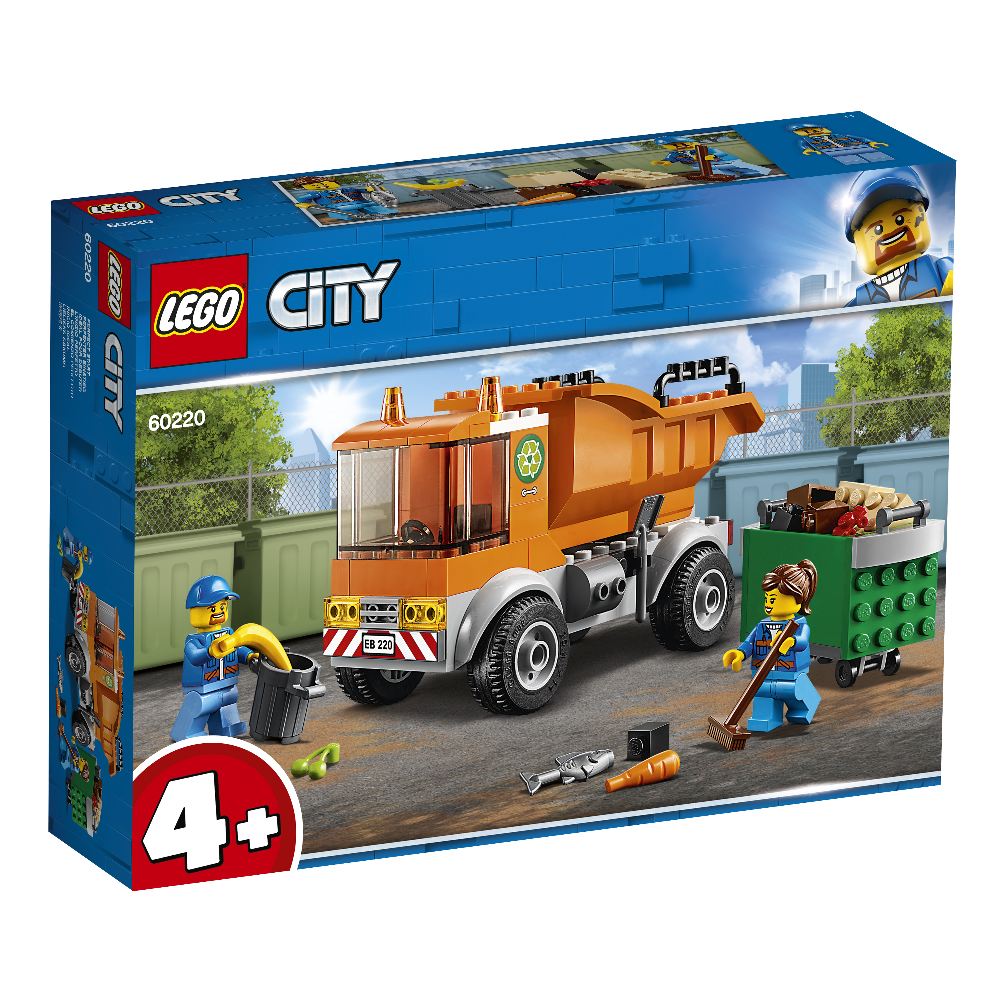 Zestaw LEGO City z śmieciarką, figurkami zbierającymi śmieci i pojemnikiem do recyklingu.