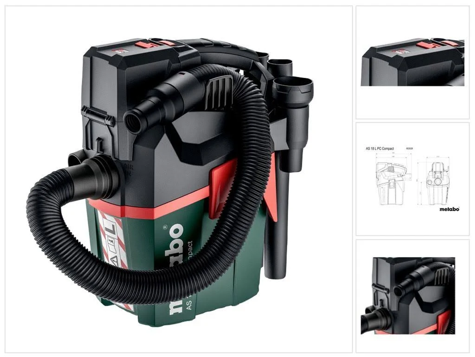 Czarny i zielony odkurzacz Metabo z wężem i akcesoriami. Widoczne szczegóły. Białe tło.