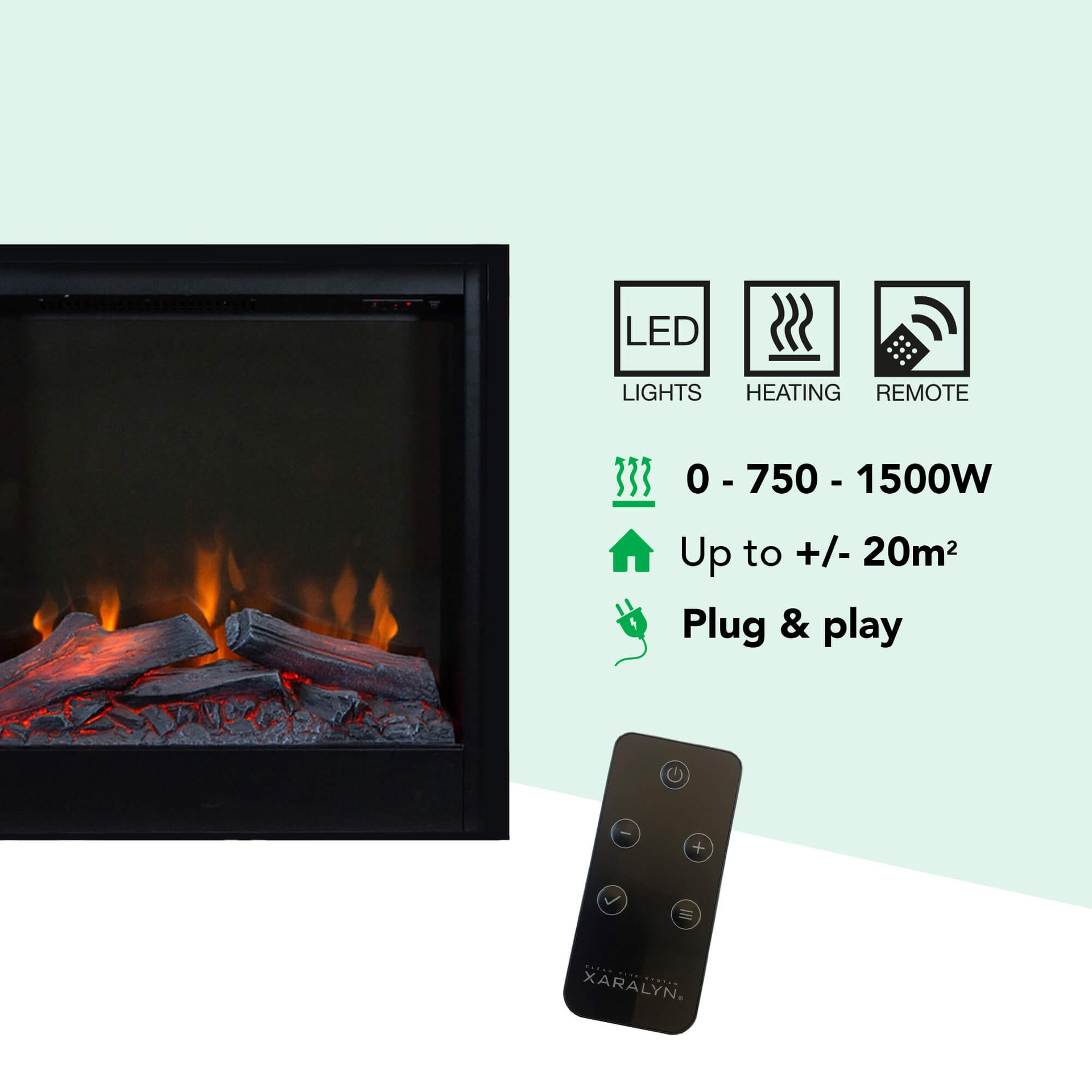 Elektrische haard met LED-verlichting, verwarming en afstandsbediening. Kenmerken: 0-1500W, tot 20m², en plug & play.