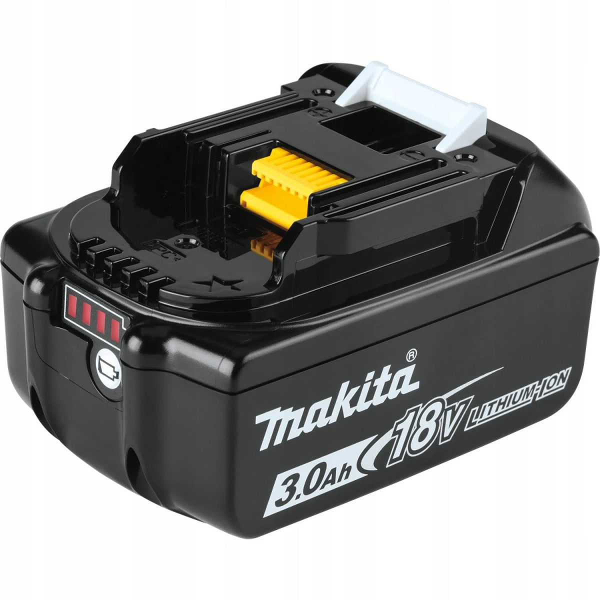 A black Makita 18V 3.0Ah lithium-ion battery. It has a red power indicator and yellow release button.