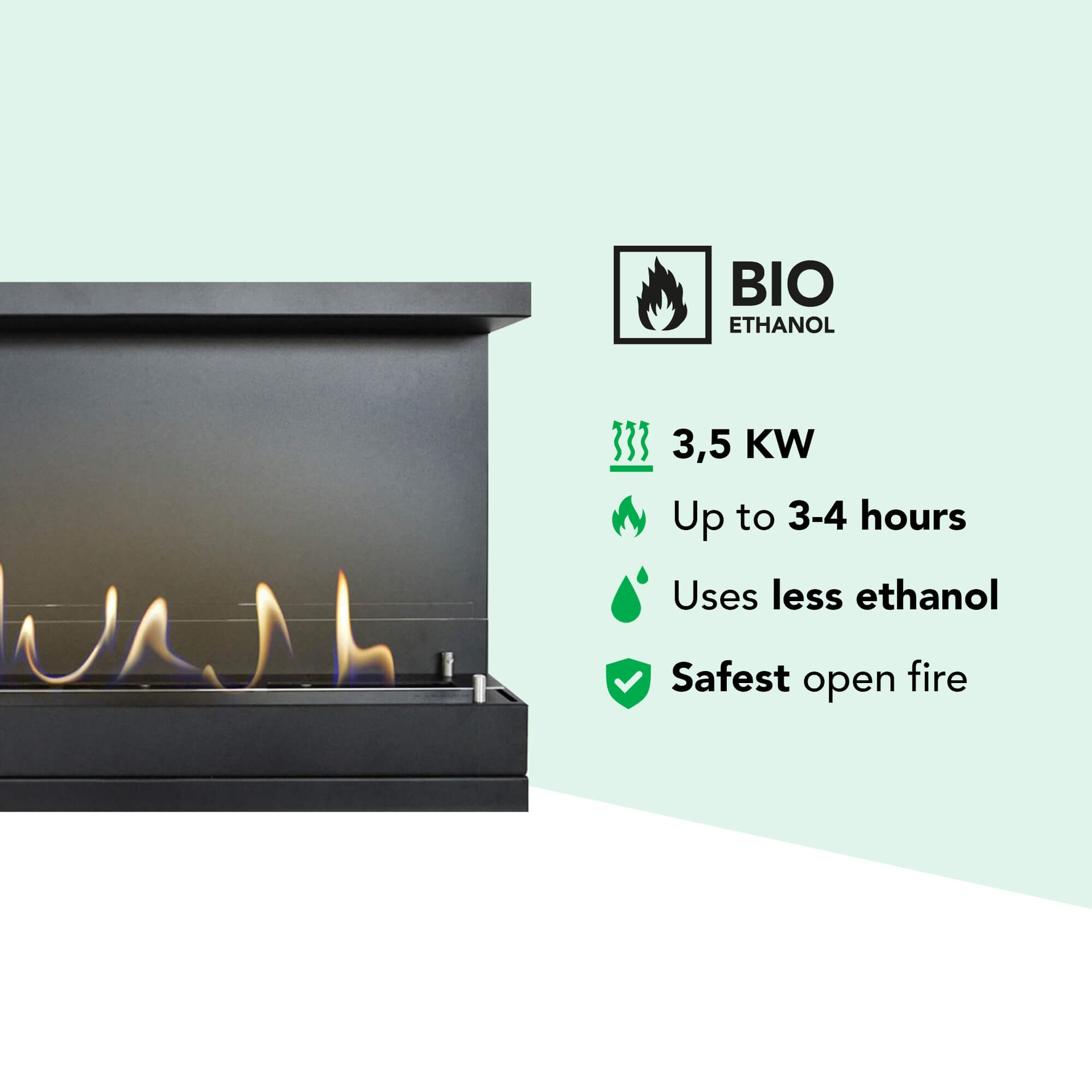 Een zwarte bio-ethanol haard met vlammen. Tekst bevat 'BIO ETHANOL', '3,5 KW', 'Tot 3-4 uur' en 'Veiligste open vuur'.