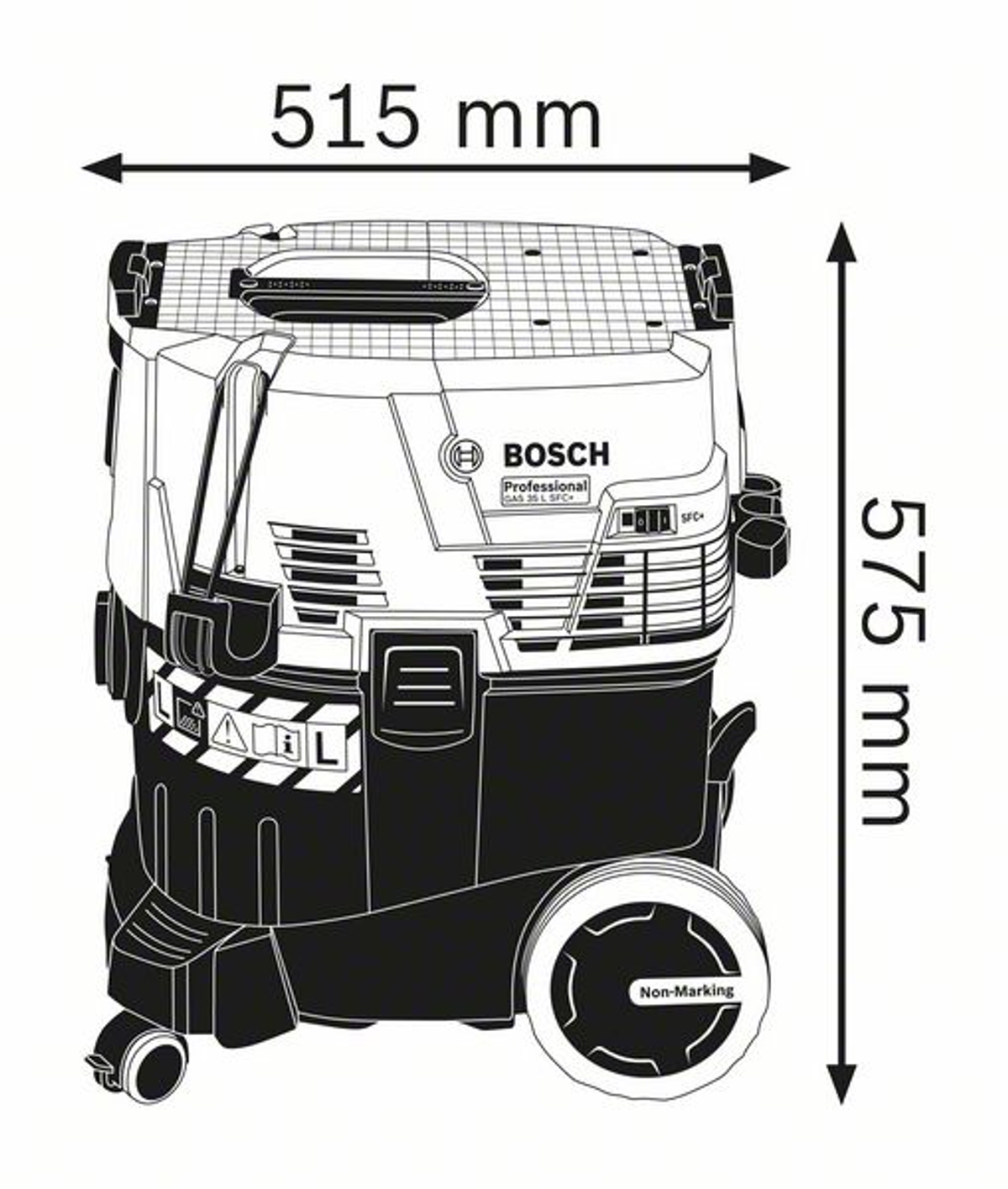 Un diagramma in bianco e nero di un aspirapolvere Bosch, con dimensioni etichettate.