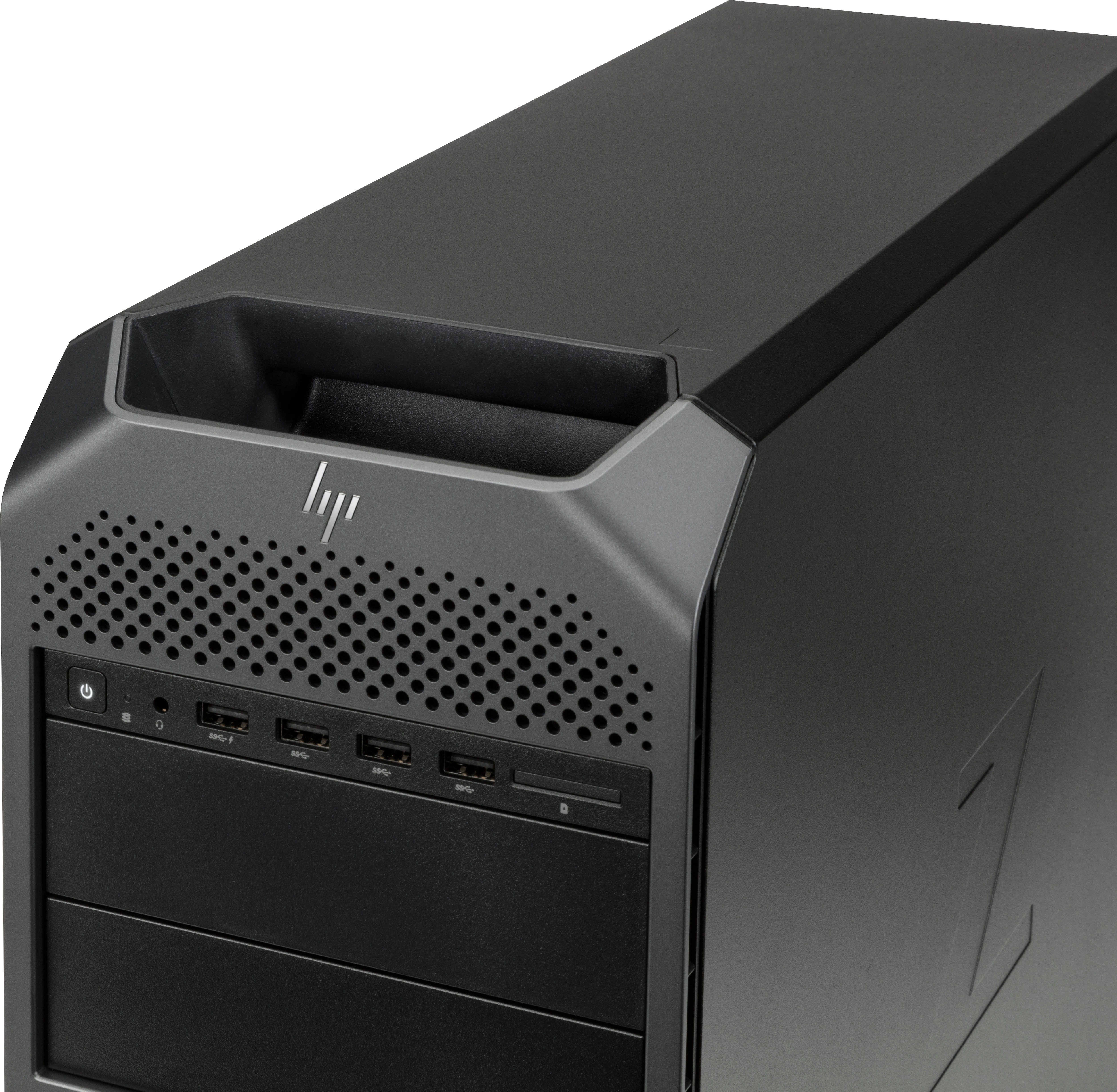 Ein schwarzer HP Z-Workstation-Computer auf weißem Hintergrund.
