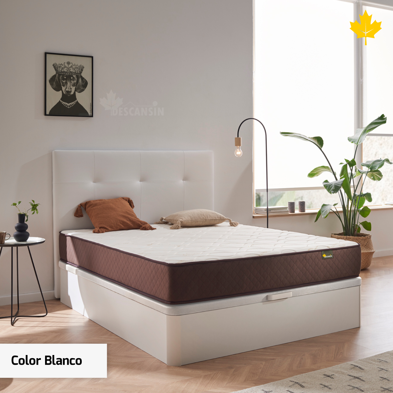 Una cama con cabecero blanco, colchón marrón y base blanca. El texto dice Color Blanco.