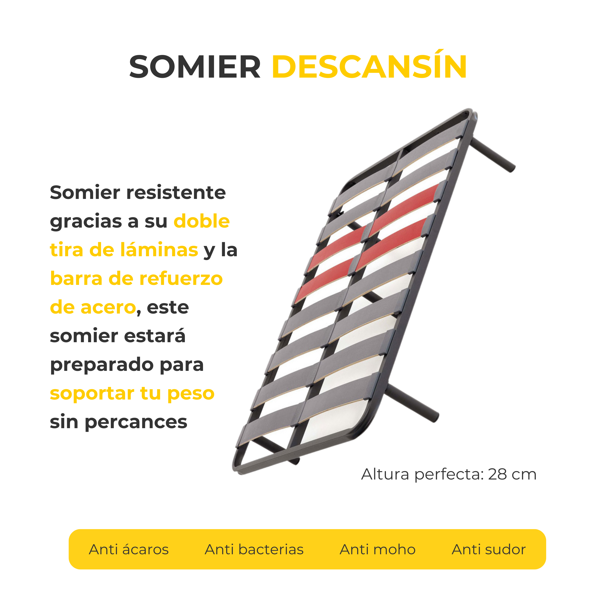 Somier con listones rojos y grises, con fondo blanco y texto en español.