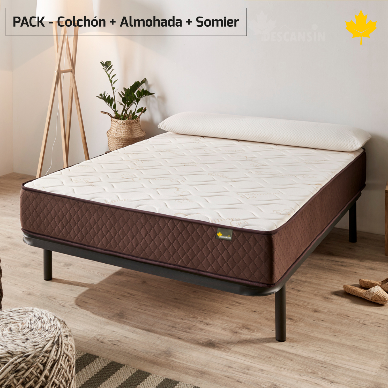 Una cama con colchón y almohada. Cesta de mimbre y una planta. Fondo blanco.