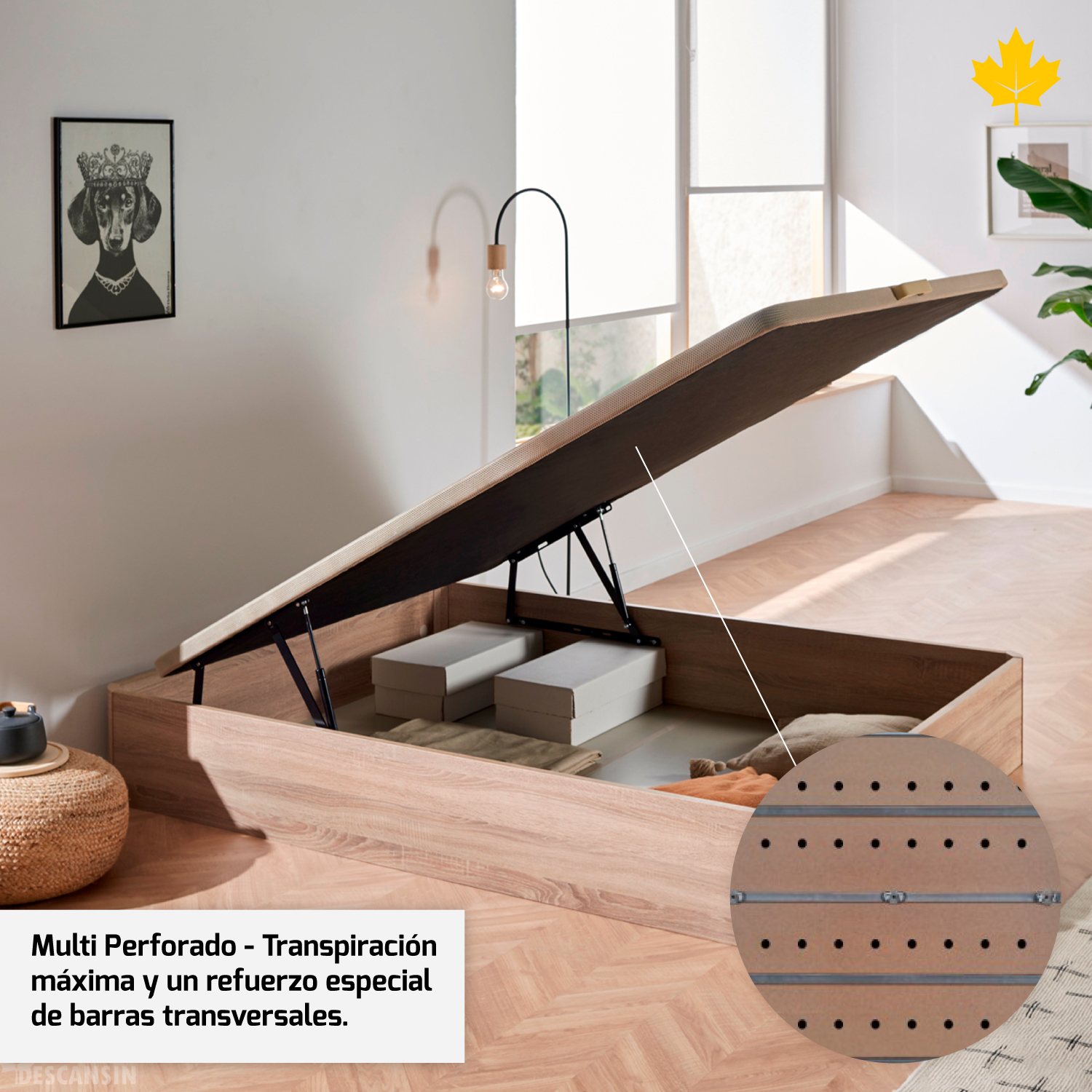 Somier de madera con sección levantada mostrando almacenamiento, y primer plano de las lamas.