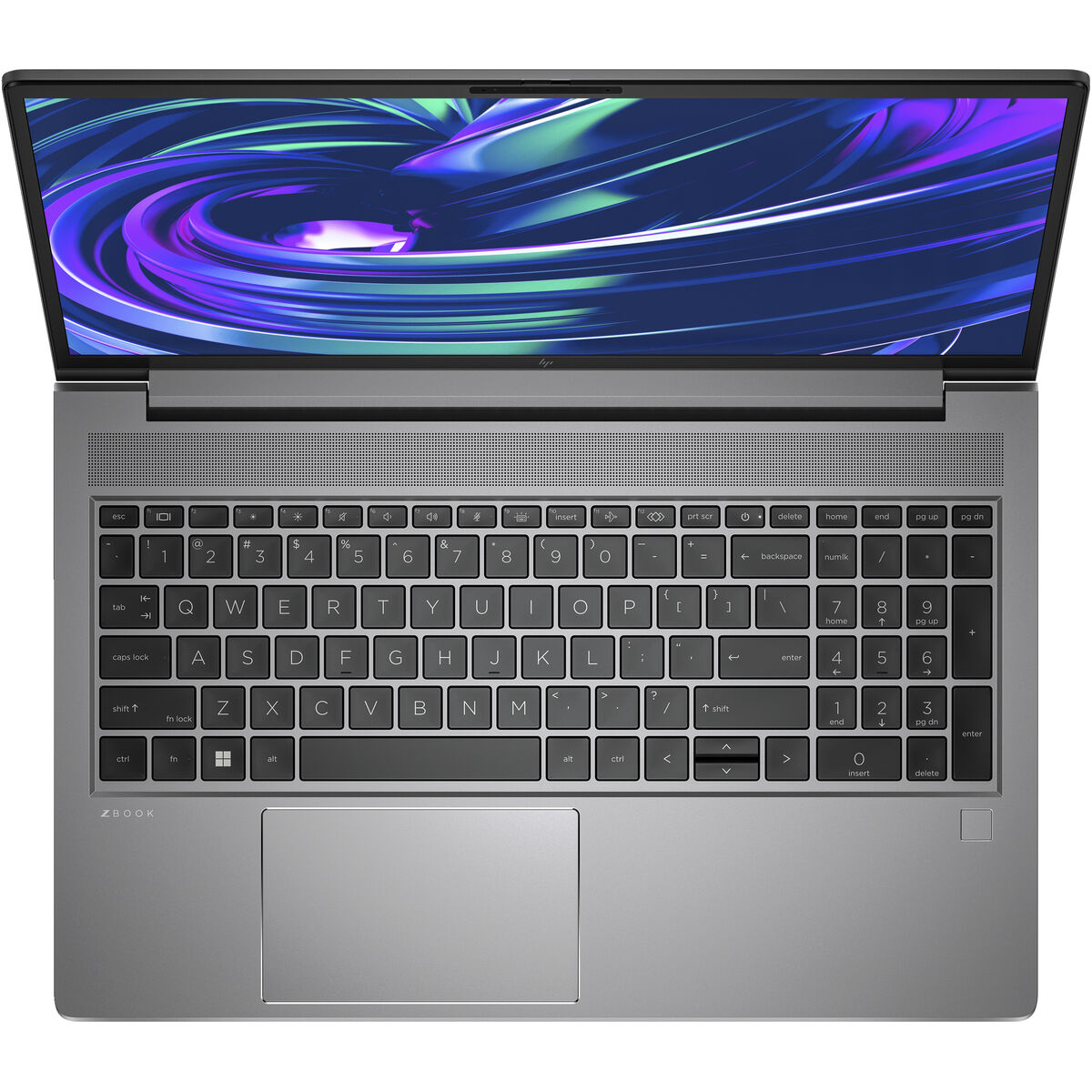 Ordenador portátil plateado con pantalla abierta, que muestra un diseño morado y azul arremolinado, teclado visible.
