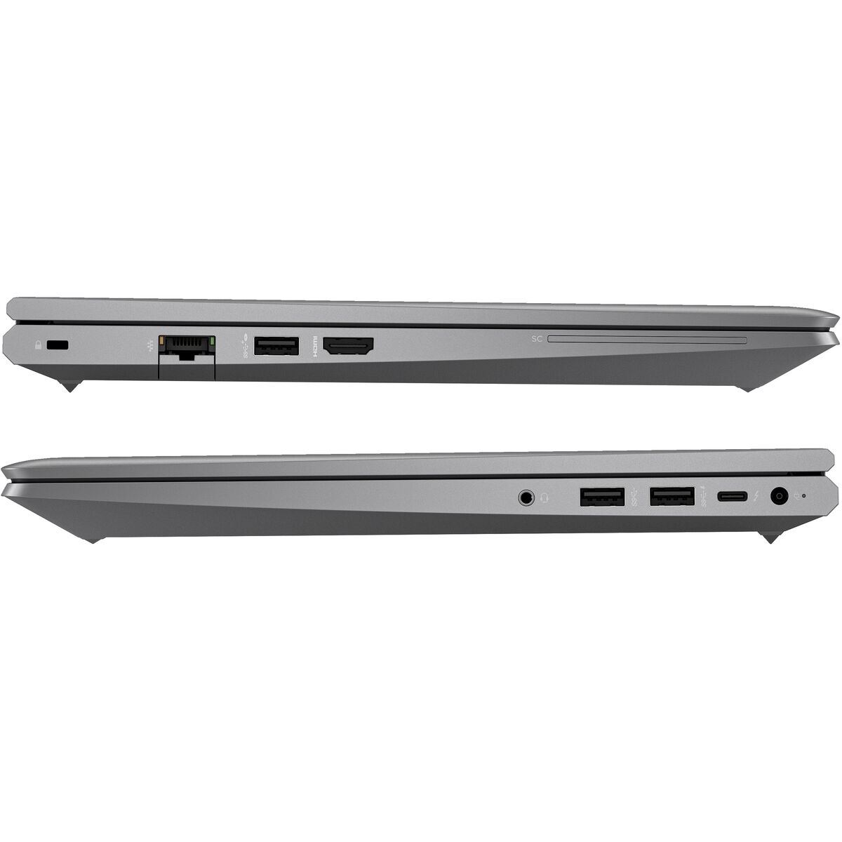 Dos vistas laterales de una laptop gris que muestra los puertos. La laptop está cerrada y es delgada.
