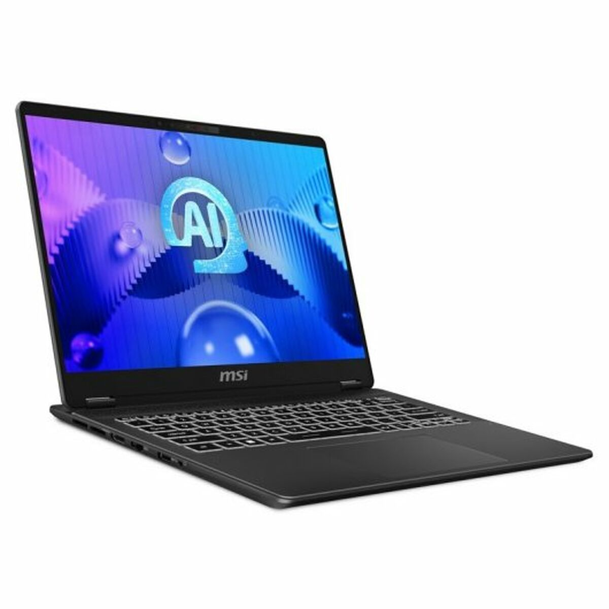 Una laptop negra muestra un logo de IA en la pantalla. Está abierta y ligeramente inclinada.