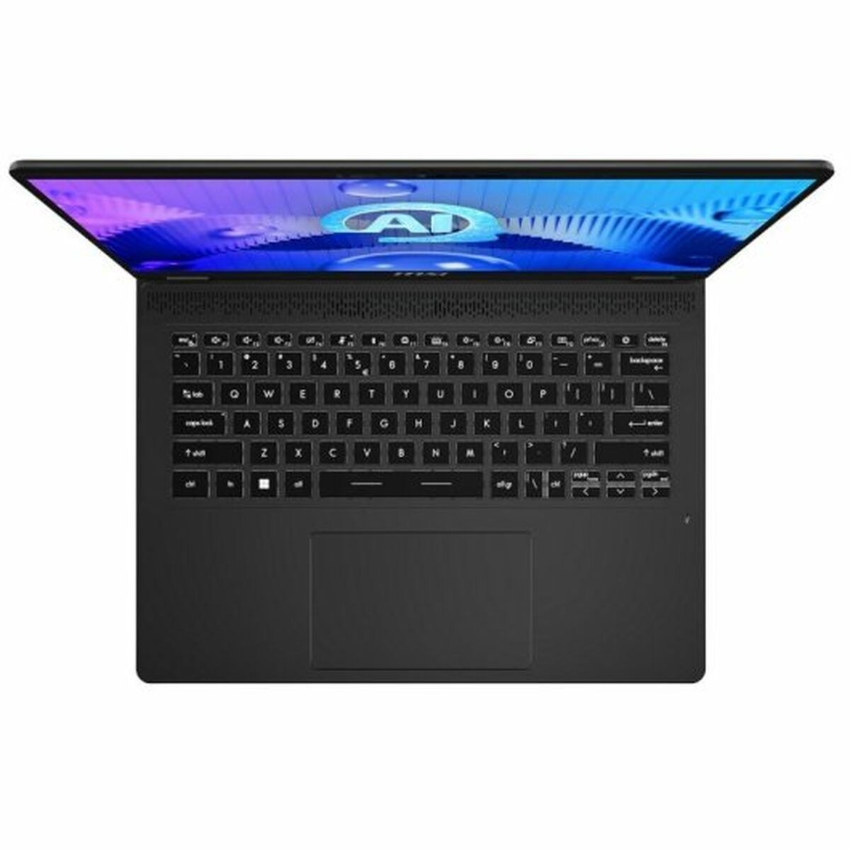 Una computadora portátil negra con la pantalla abierta que muestra un gráfico de IA colorido.