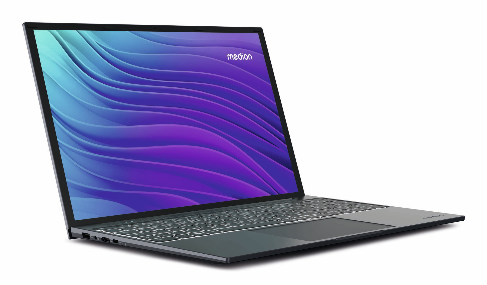 Laptop Medion jest otwarty, pokazując faliste fioletowe i niebieskie tło. Laptop jest szary, a ekran wyświetla nazwę marki.