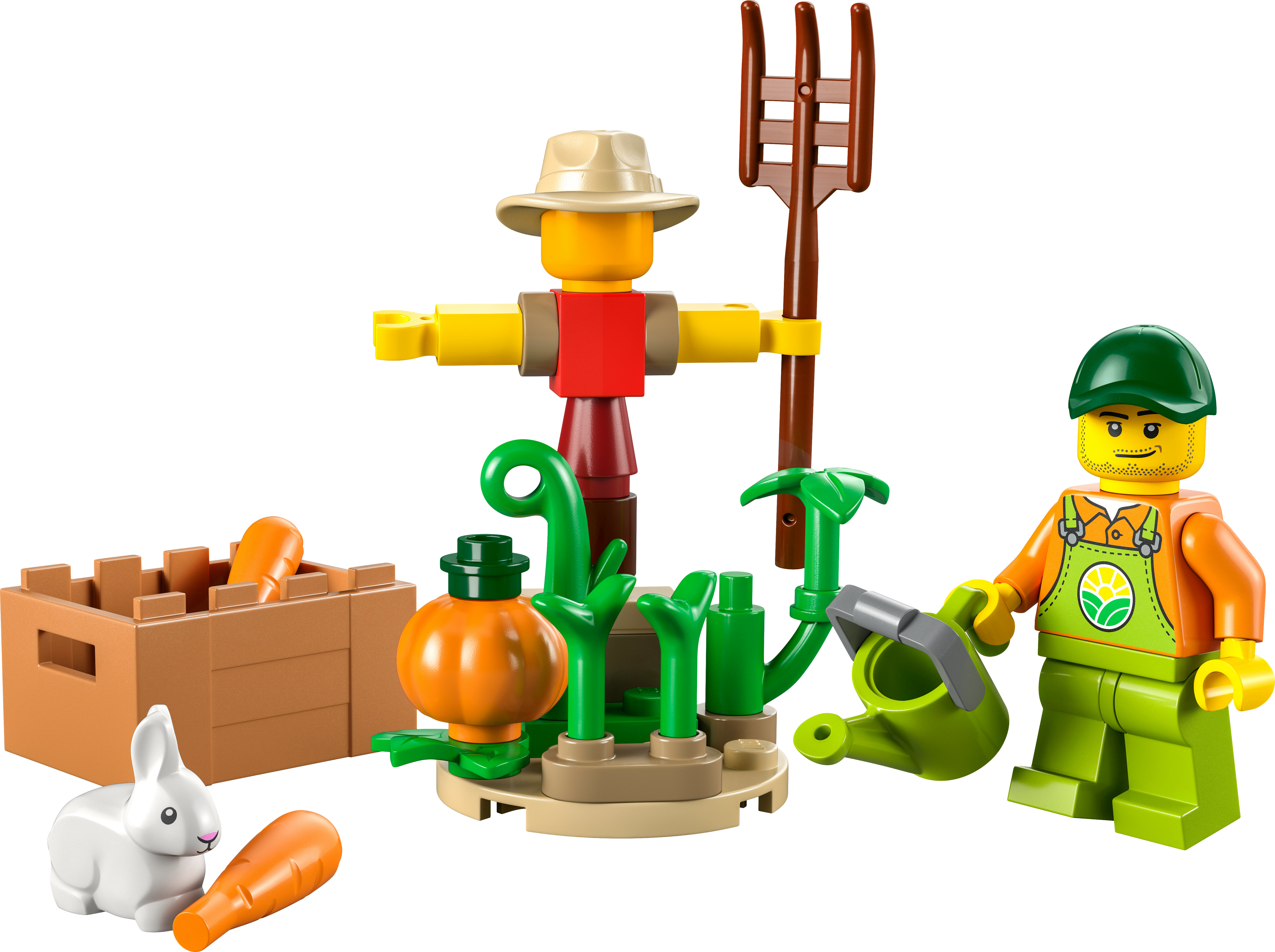 Set Lego contadino. Include uno spaventapasseri, un contadino, verdure e un coniglio.