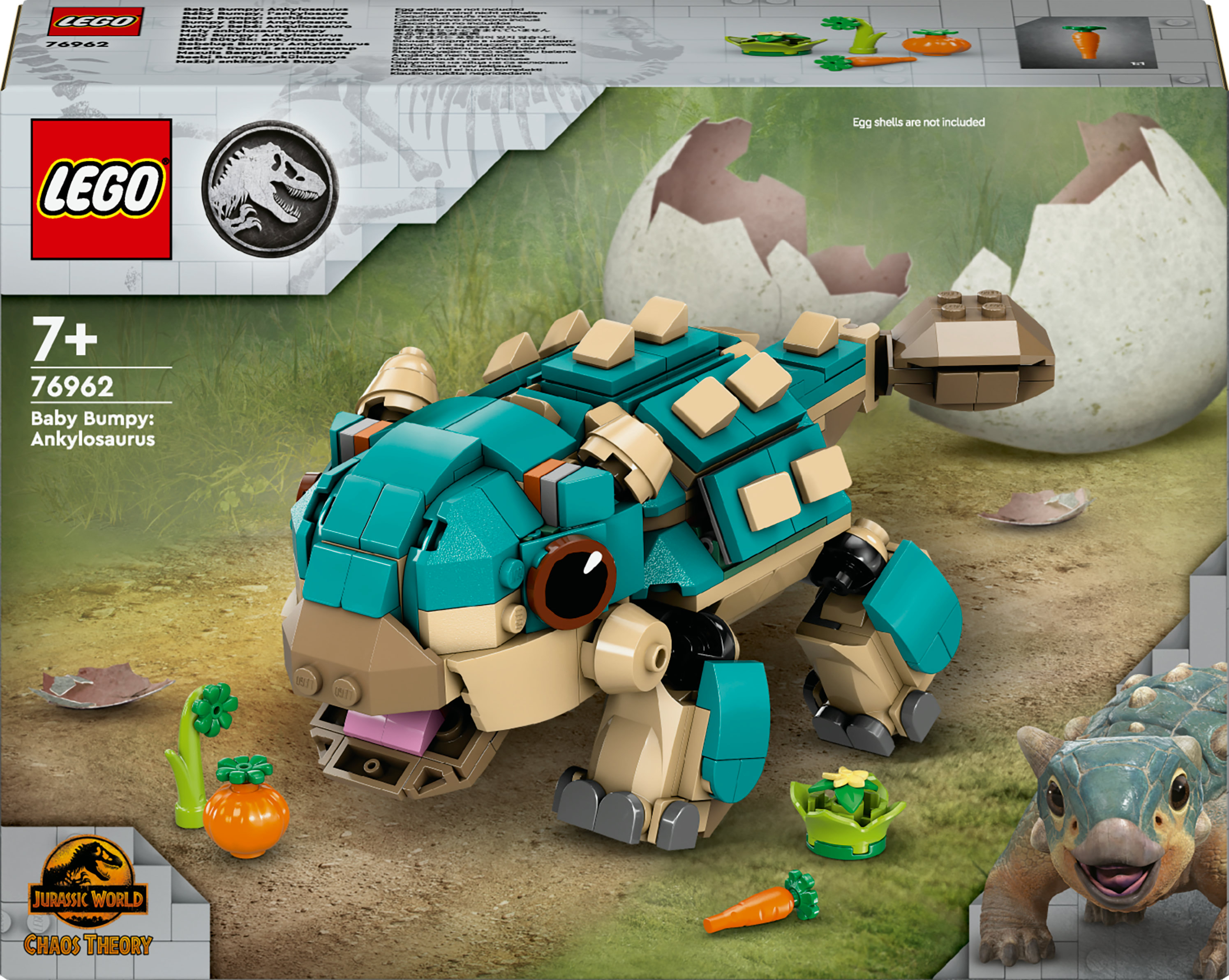 Una caja de juego LEGO con un modelo Baby Bumpy Ankylosaurus turquesa, con un fondo de follaje y huevo roto.