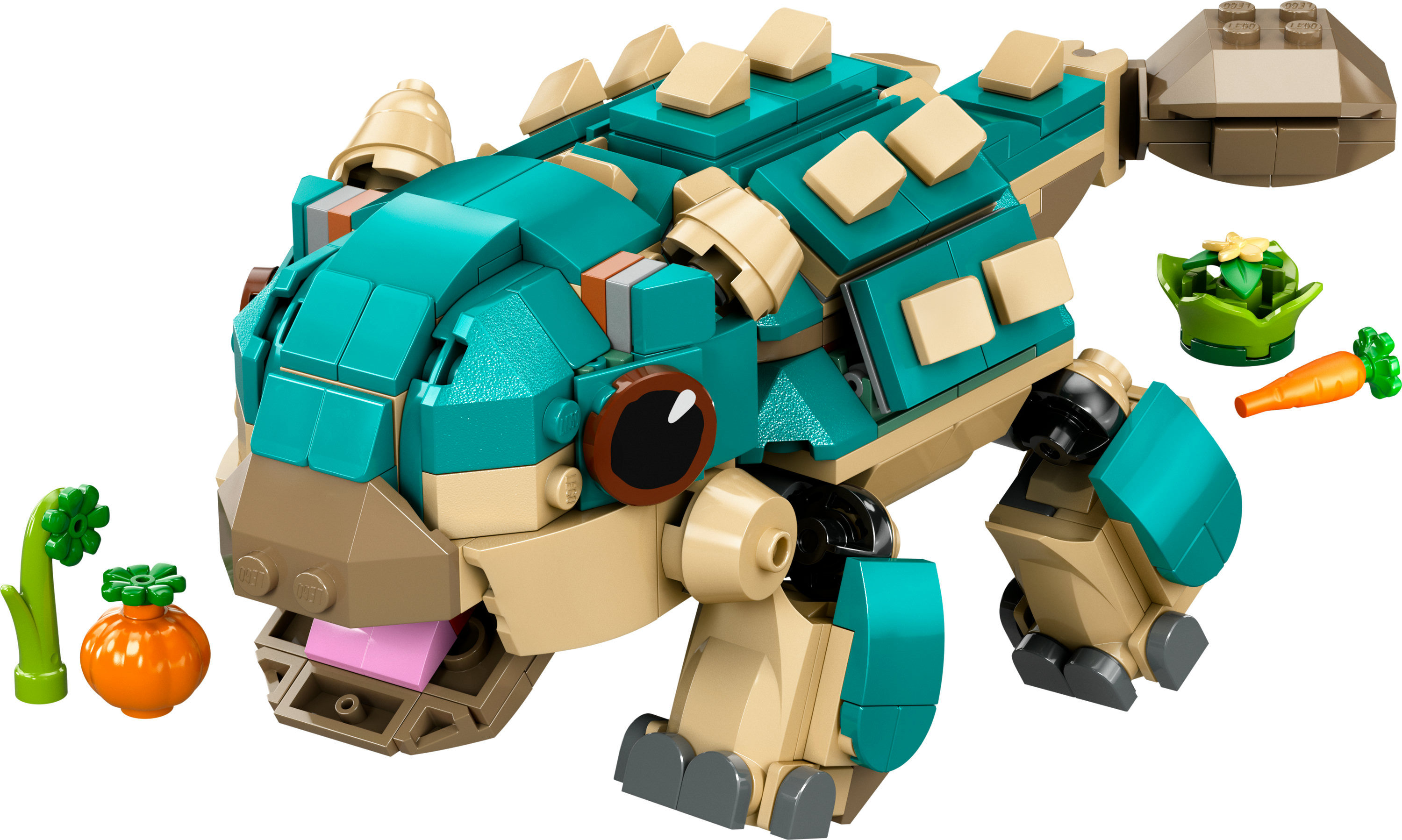 Modelo LEGO de un dinosaurio verde azulado y beige con accesorios.