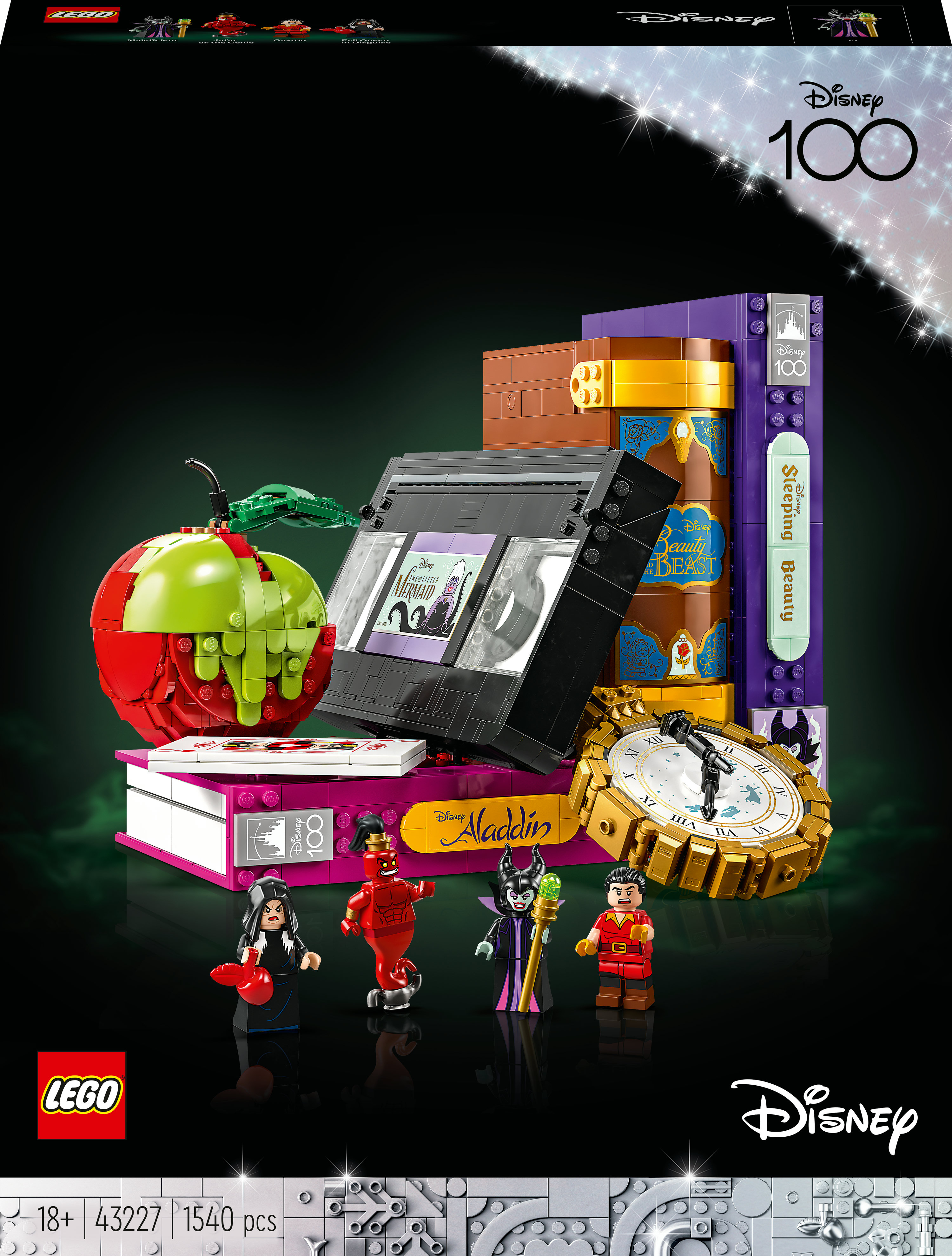 Un ensemble Lego Disney avec des méchants, un modèle de cassette VHS et une horloge. La boîte montre des personnages Disney.