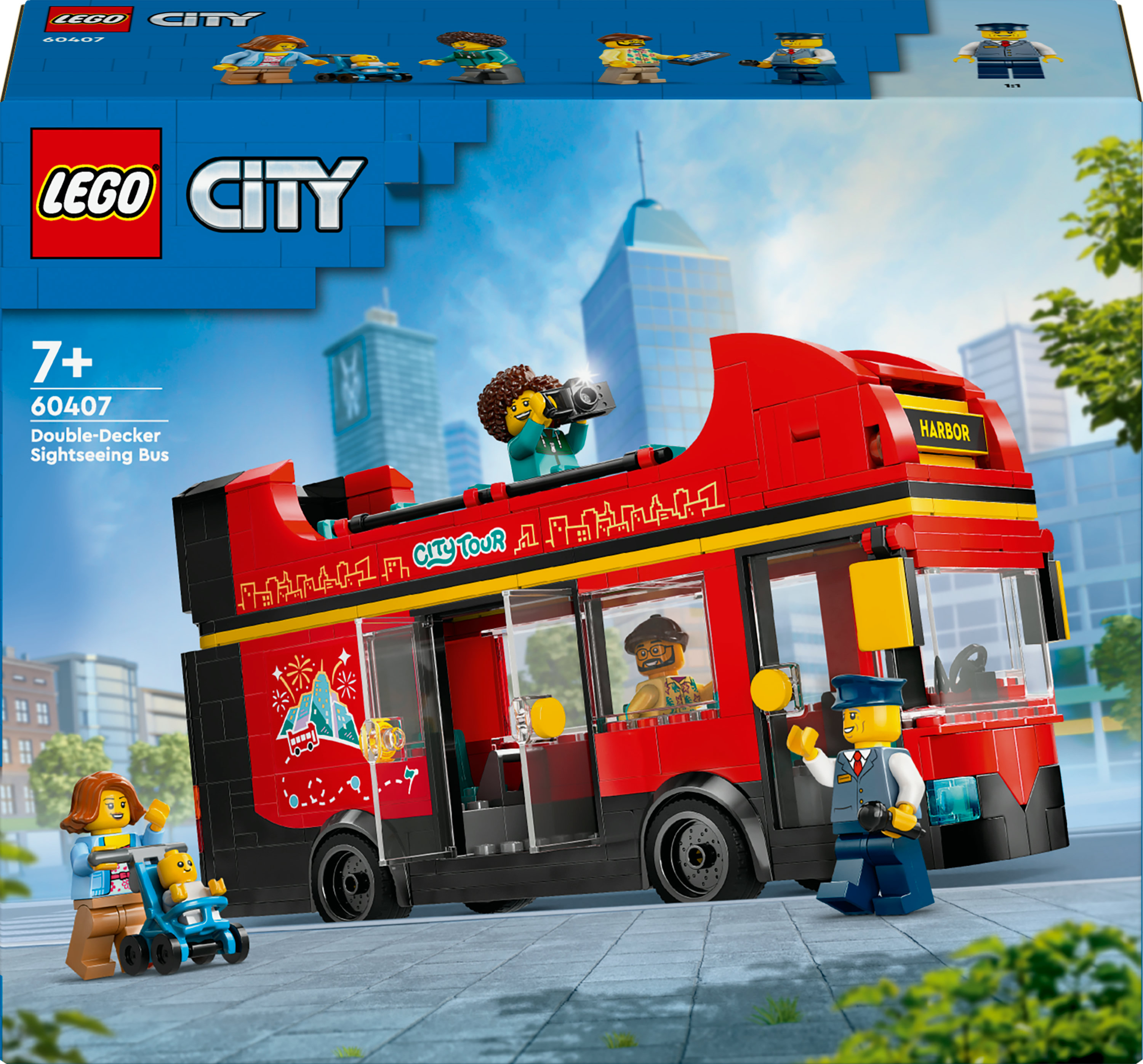 Lego City çift katlı otobüs oyuncağı, figürler ve şehir arka planı ile.