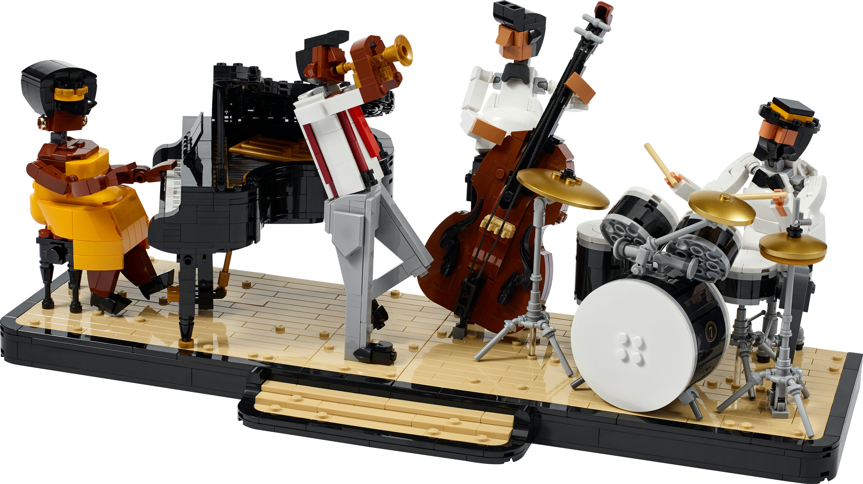 Bir Lego caz dörtlüsü. Müzisyenler sahnede piyano, trompet, bas ve davul çalıyor.