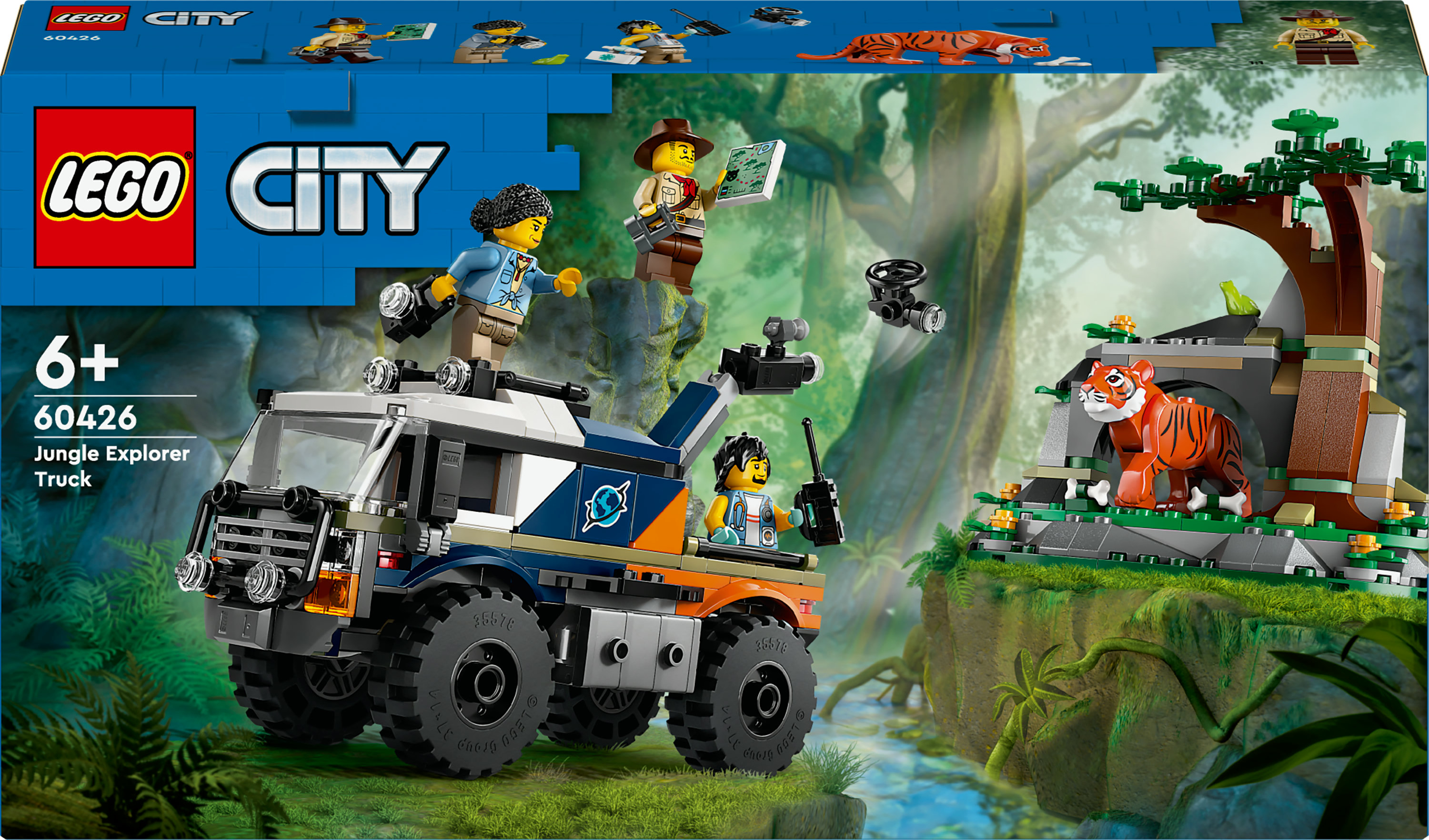 Zestaw Lego City: Jungle Explorer Truck z figurkami, tygrysem i sceną dżungli.