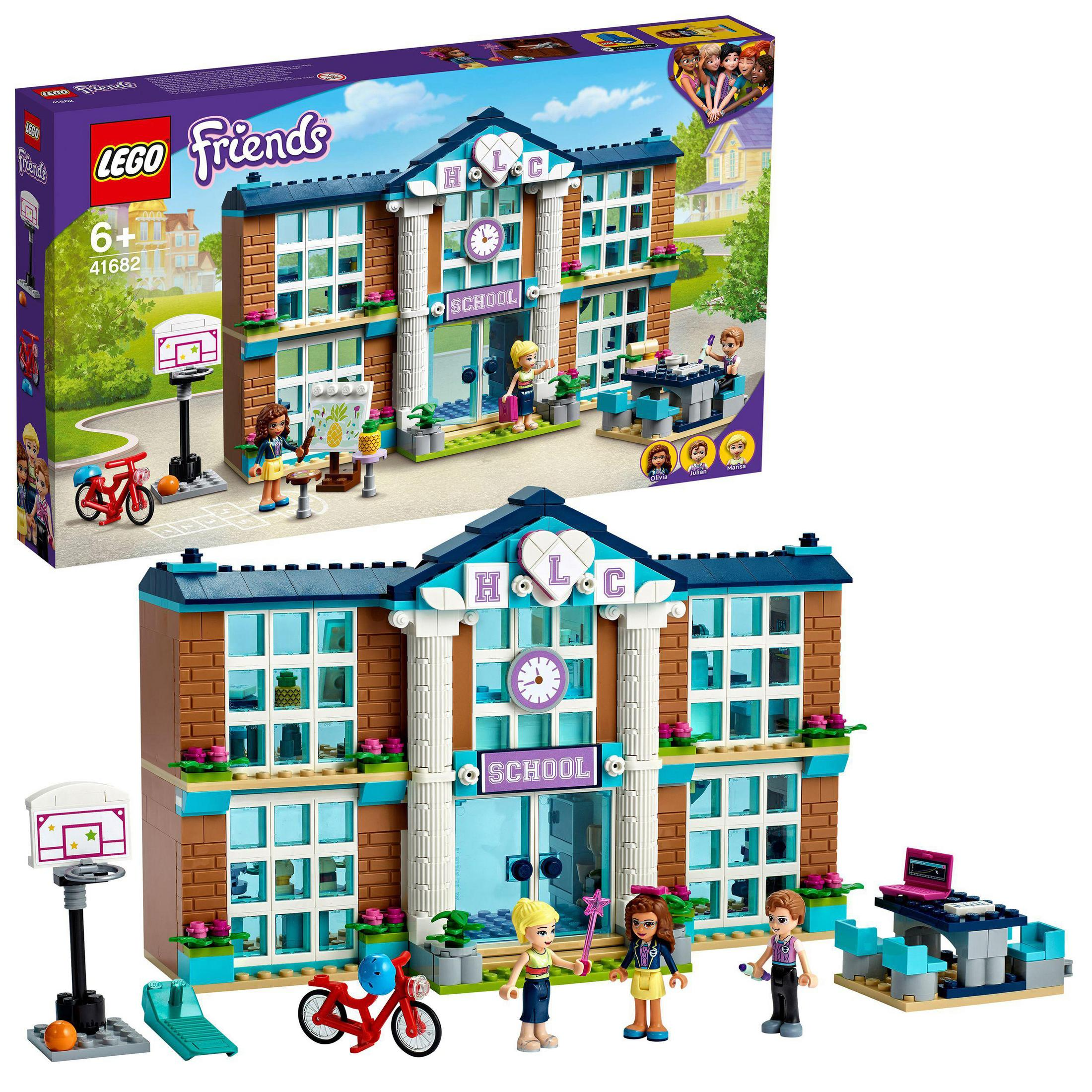 Ein Lego Friends Schulset mit Figuren und Zubehör wird gezeigt.