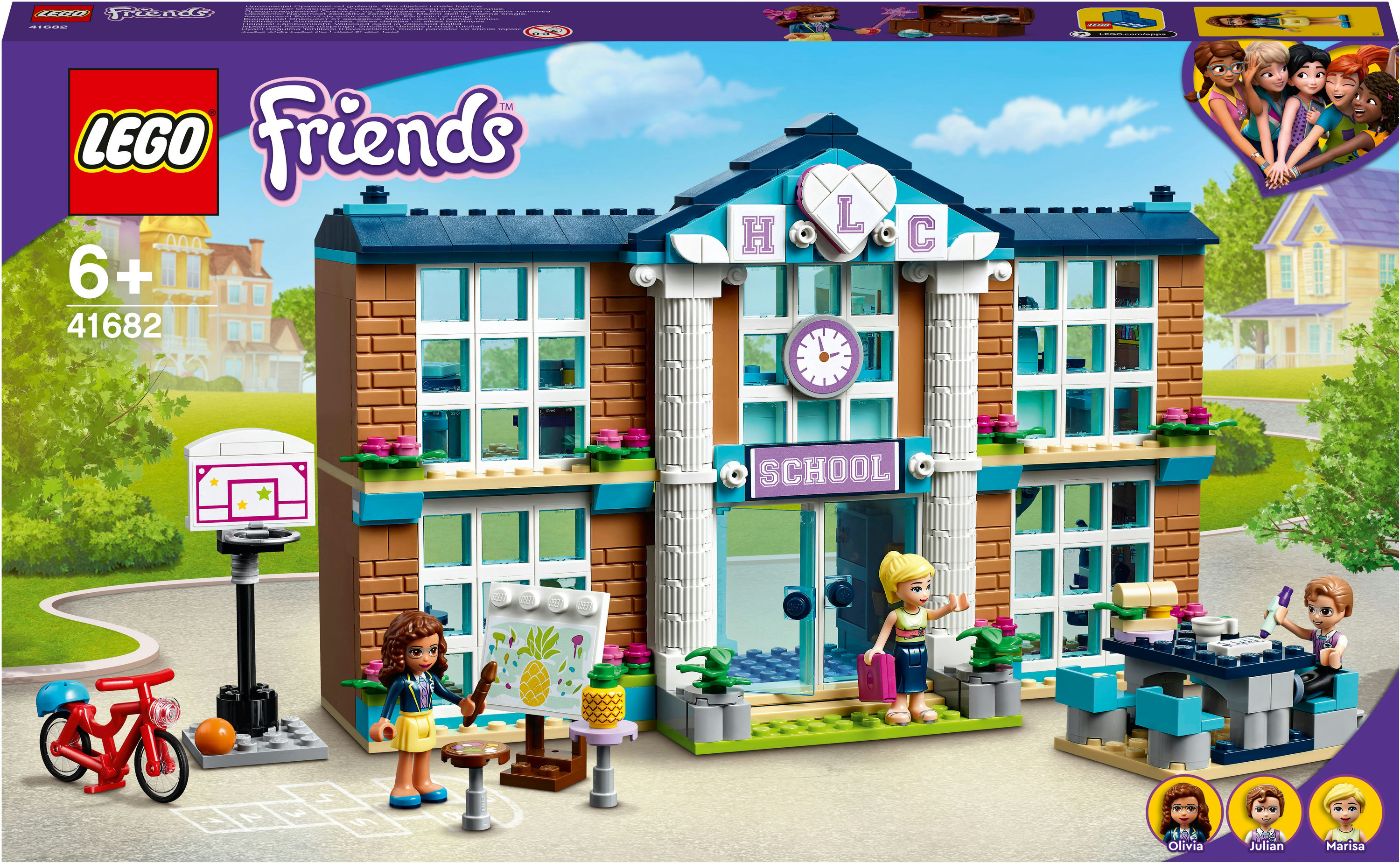 Lego Friends Schulset mit Figuren, einem roten Fahrrad und einem Basketballkorb.