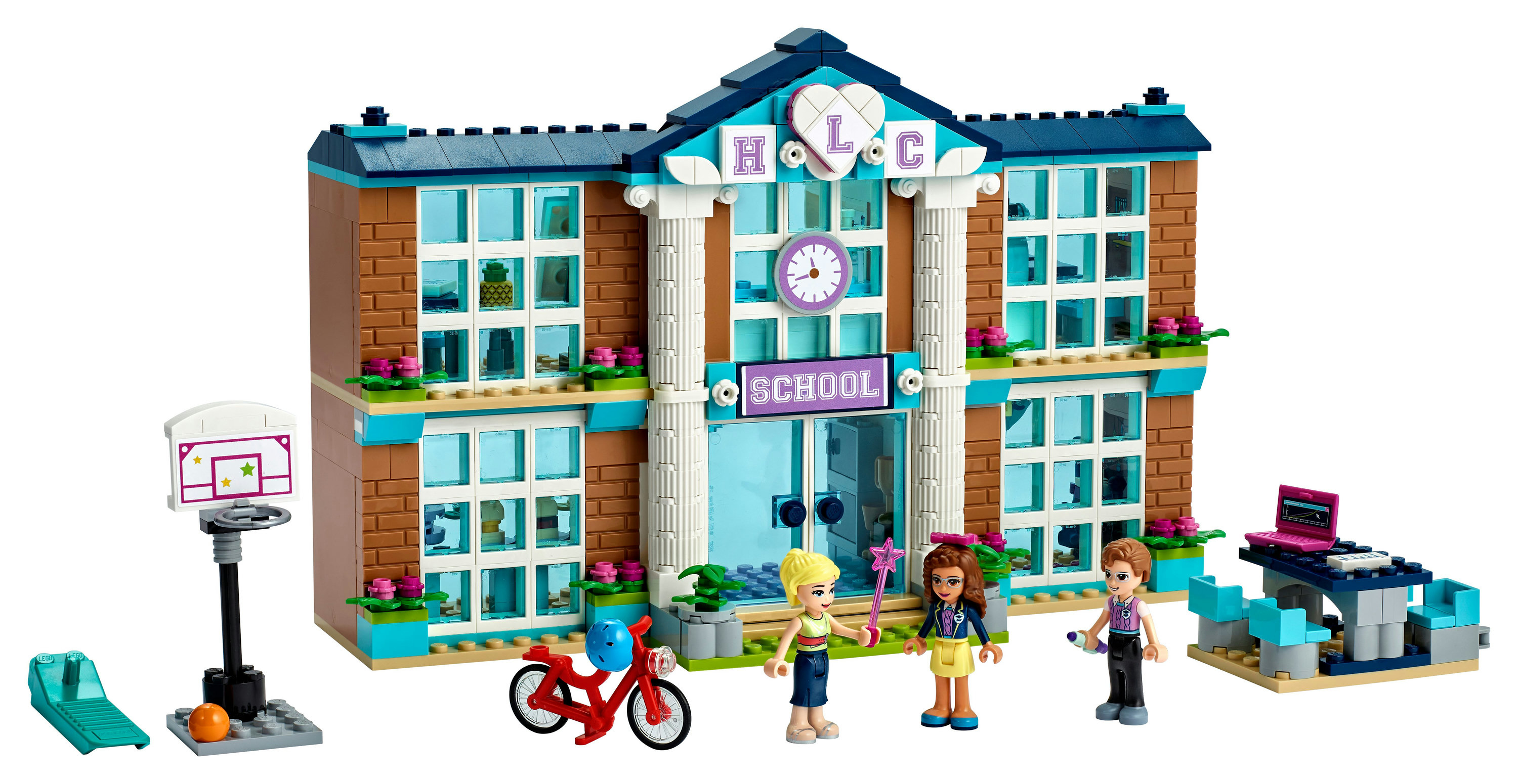 Lego Friends Schulset mit Figuren, Gebäude und Zubehör auf weißem Hintergrund.