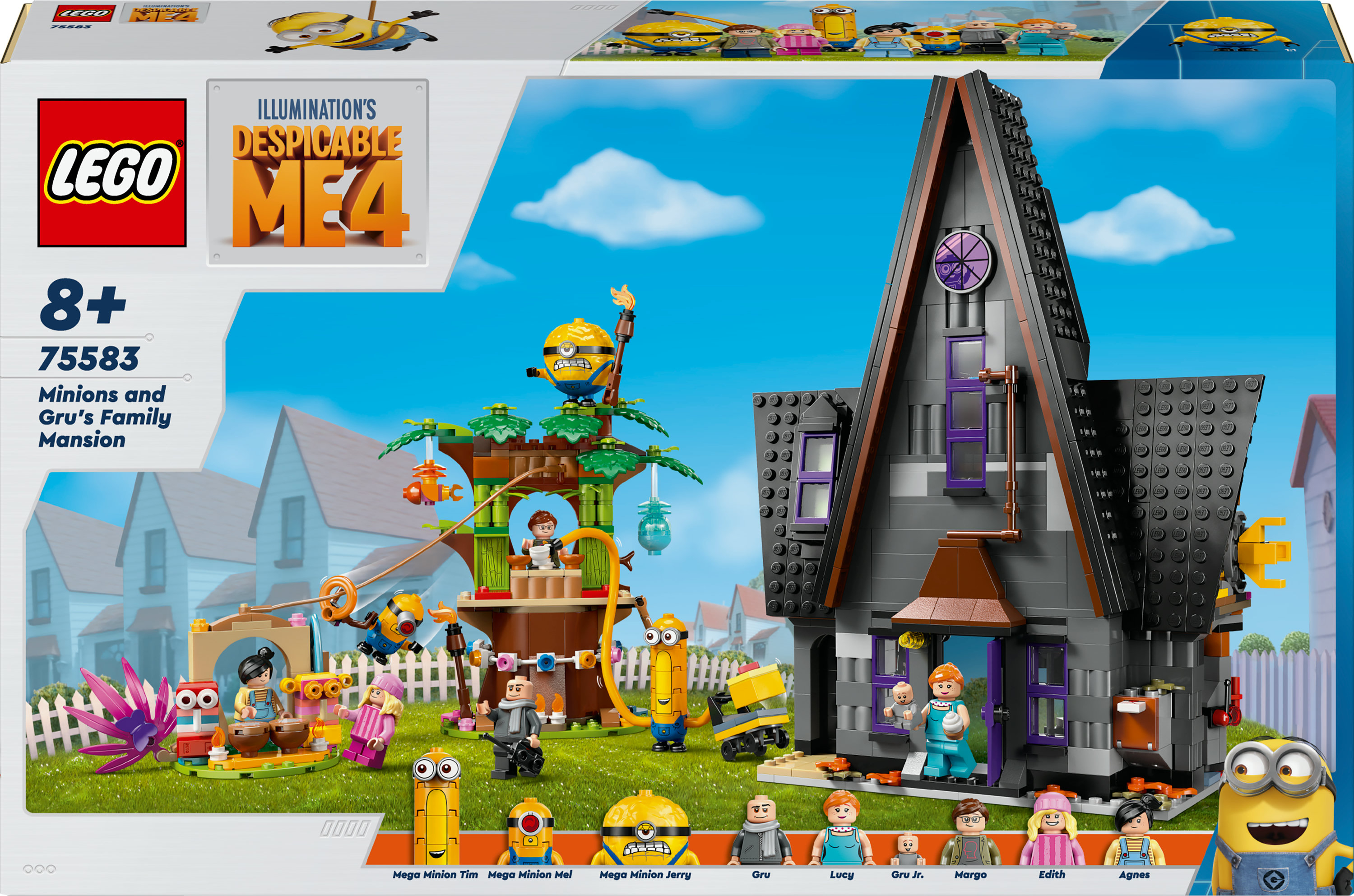Set Lego Despicable Me avec manoir, Minions et cabane dans les arbres sur une pelouse.
